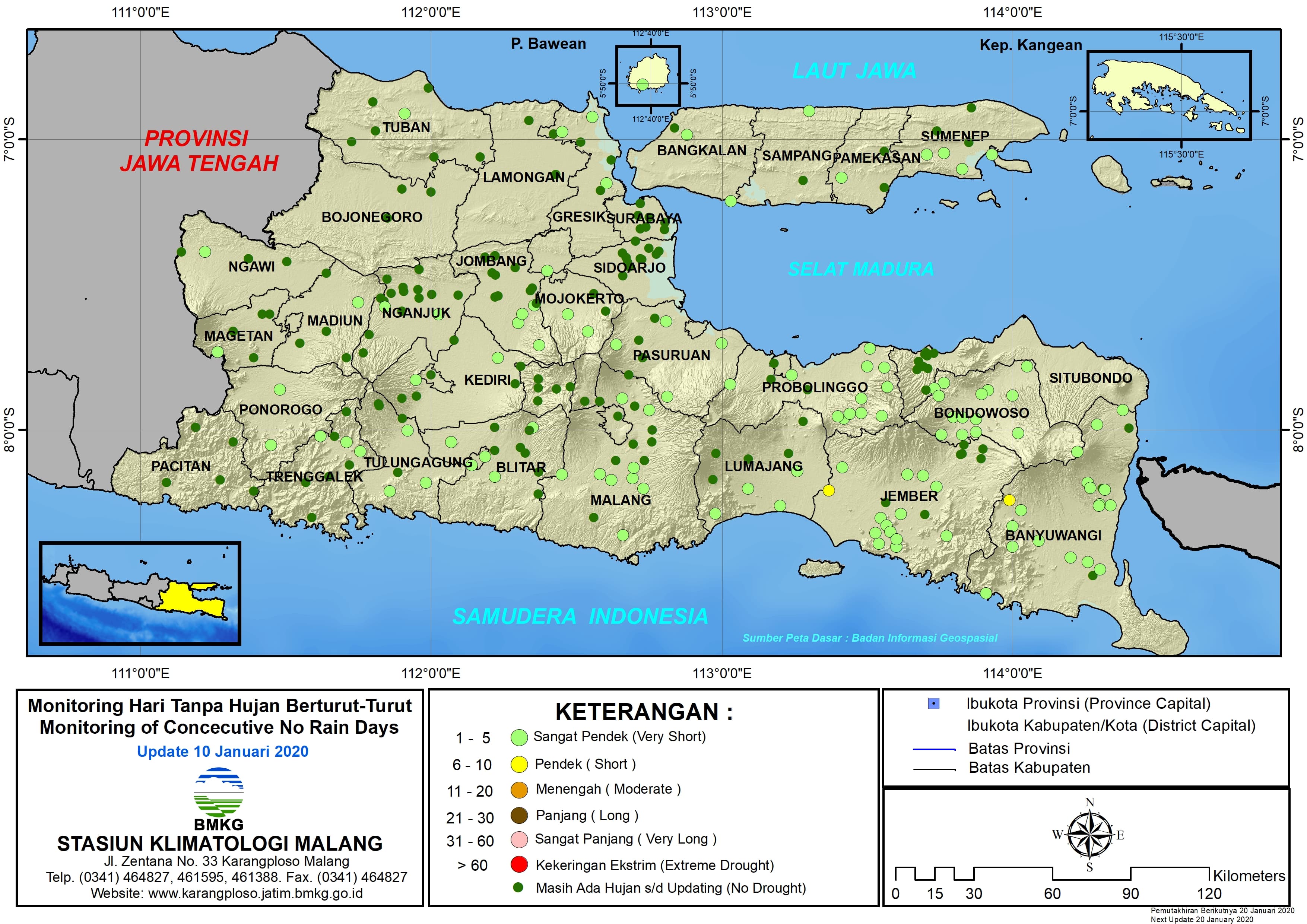 |Analisis - Dasarian| Monitoring Hari Tanpa Hujan Berturut-Turut Update 10 Januari 2020 di Provinsi Jawa Timur