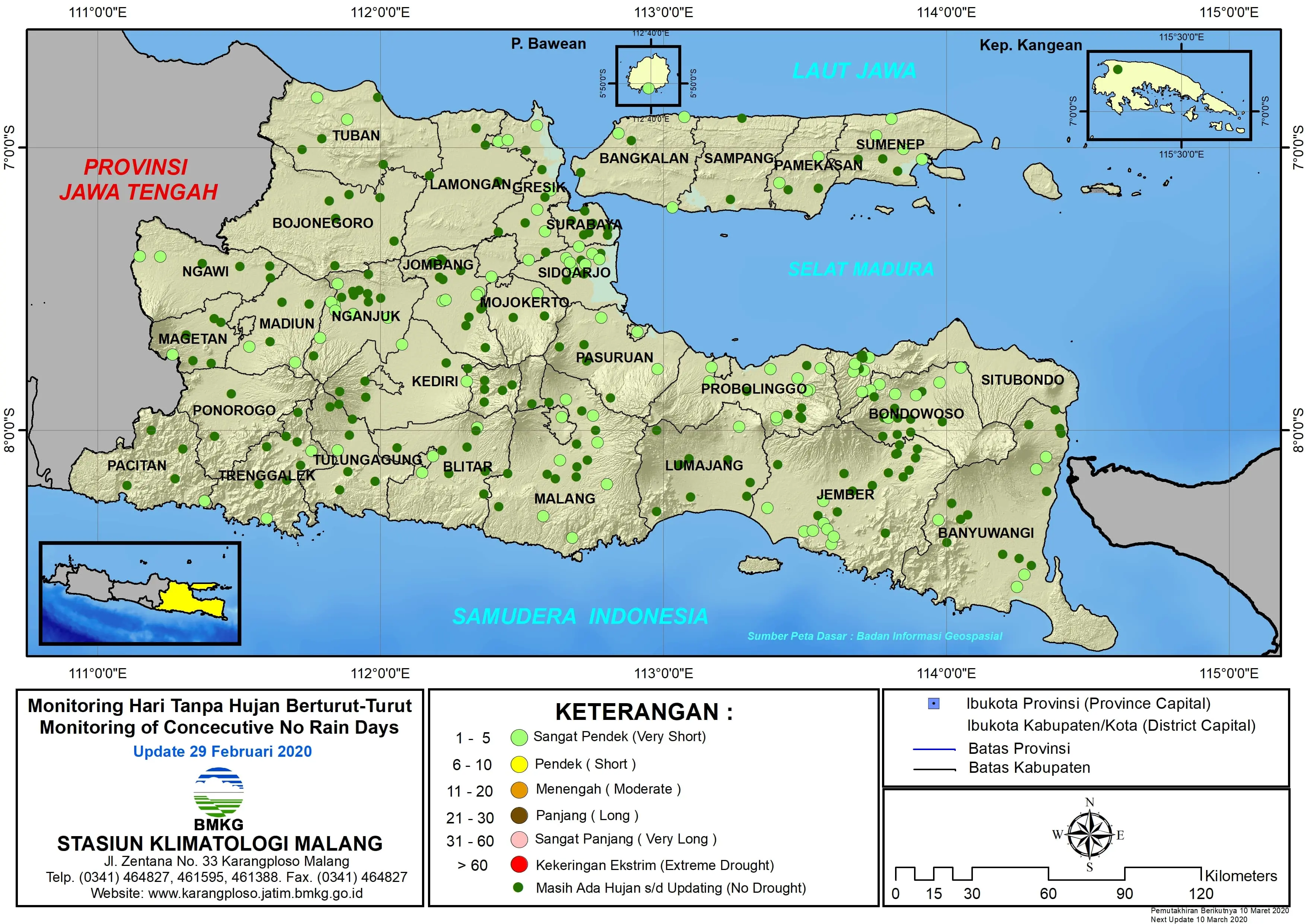|Analisis - Dasarian| Monitoring Hari Tanpa Hujan Berturut-Turut Update 29 Februari 2020 di Provinsi Jawa Timur