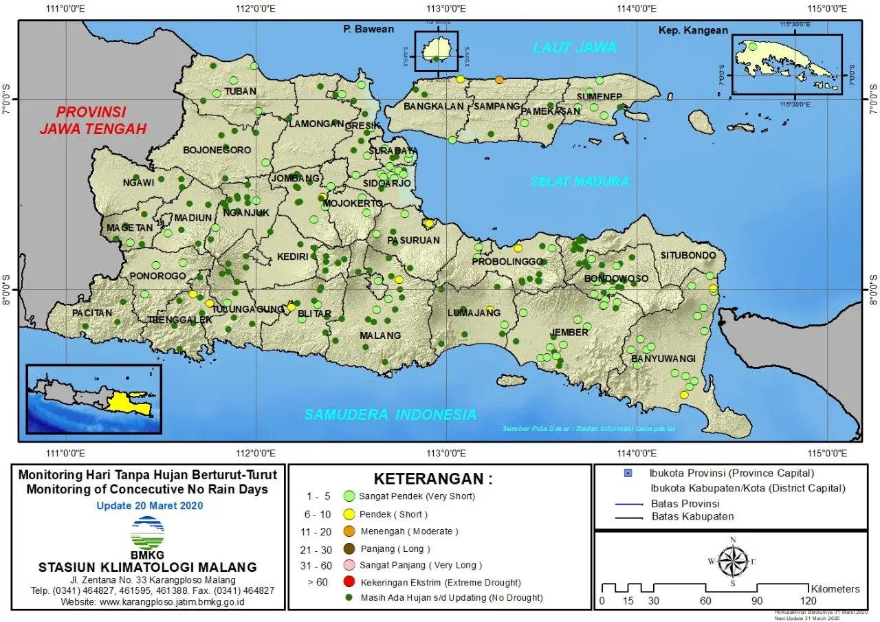 (Analisis - Dasarian) Monitoring Hari Tanpa Hujan Berturut-Turut Update 20 Maret 2020 di Provinsi Jawa Timur