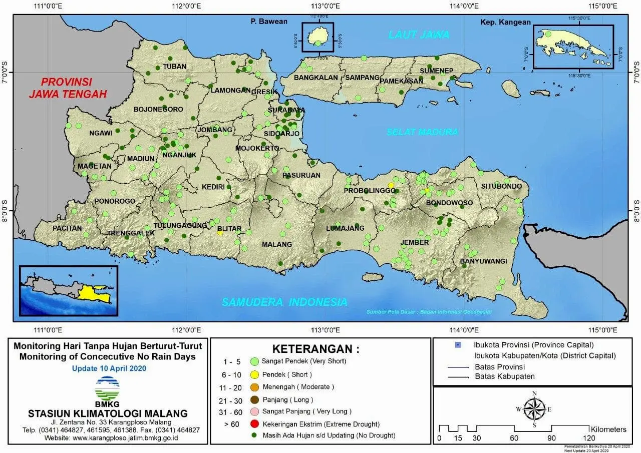 (Analisis - Dasarian) Monitoring Hari Tanpa Hujan Berturut-Turut Update 10 April 2020 di Provinsi Jawa Timur