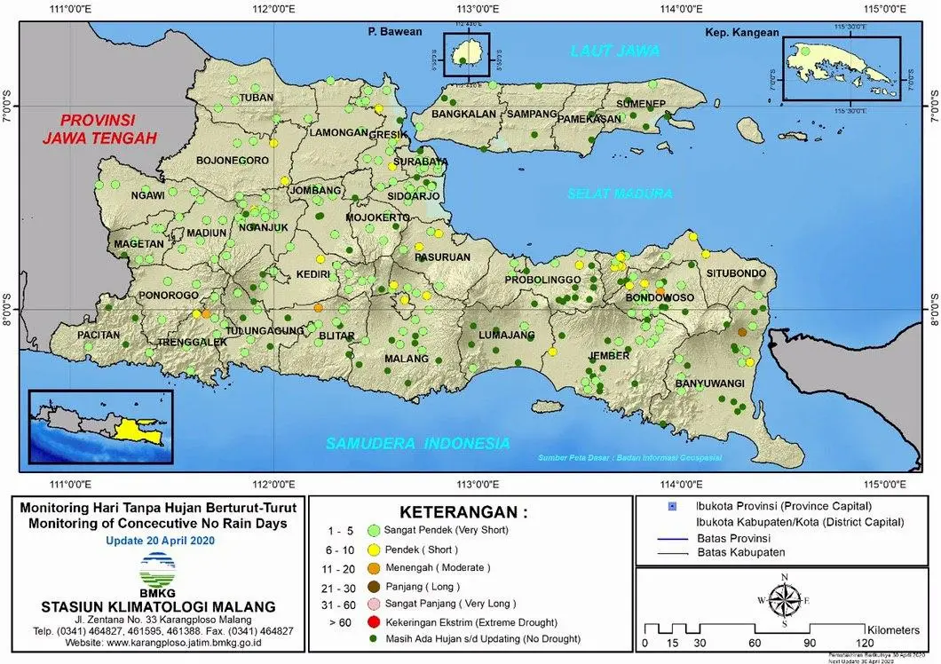 (Analisis - Dasarian) Monitoring Hari Tanpa Hujan Berturut-Turut Update 20 April 2020 di Provinsi Jawa Timur