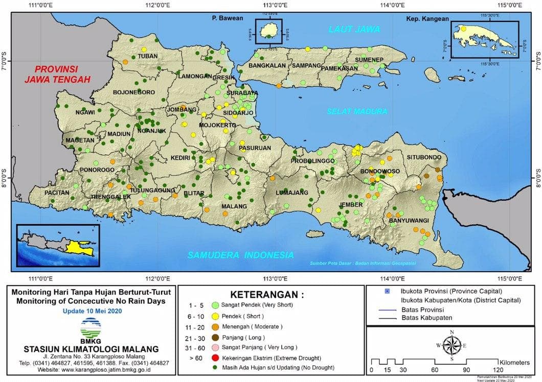 (Analisis - Dasarian) Monitoring Hari Tanpa Hujan Berturut-Turut Update 10 Mei 2020 di Provinsi Jawa Timur