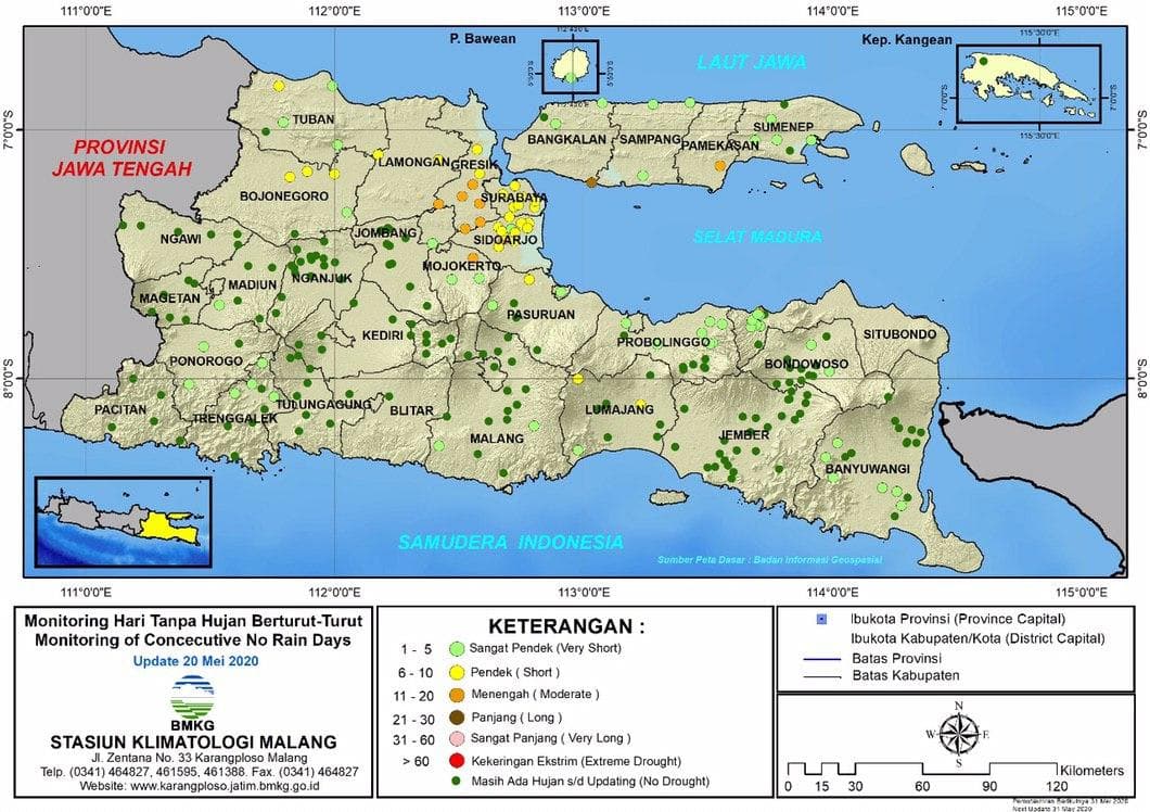 (Analisis - Dasarian) Monitoring Hari Tanpa Hujan Berturut-Turut Update 20 Mei 2020 di Provinsi Jawa Timur