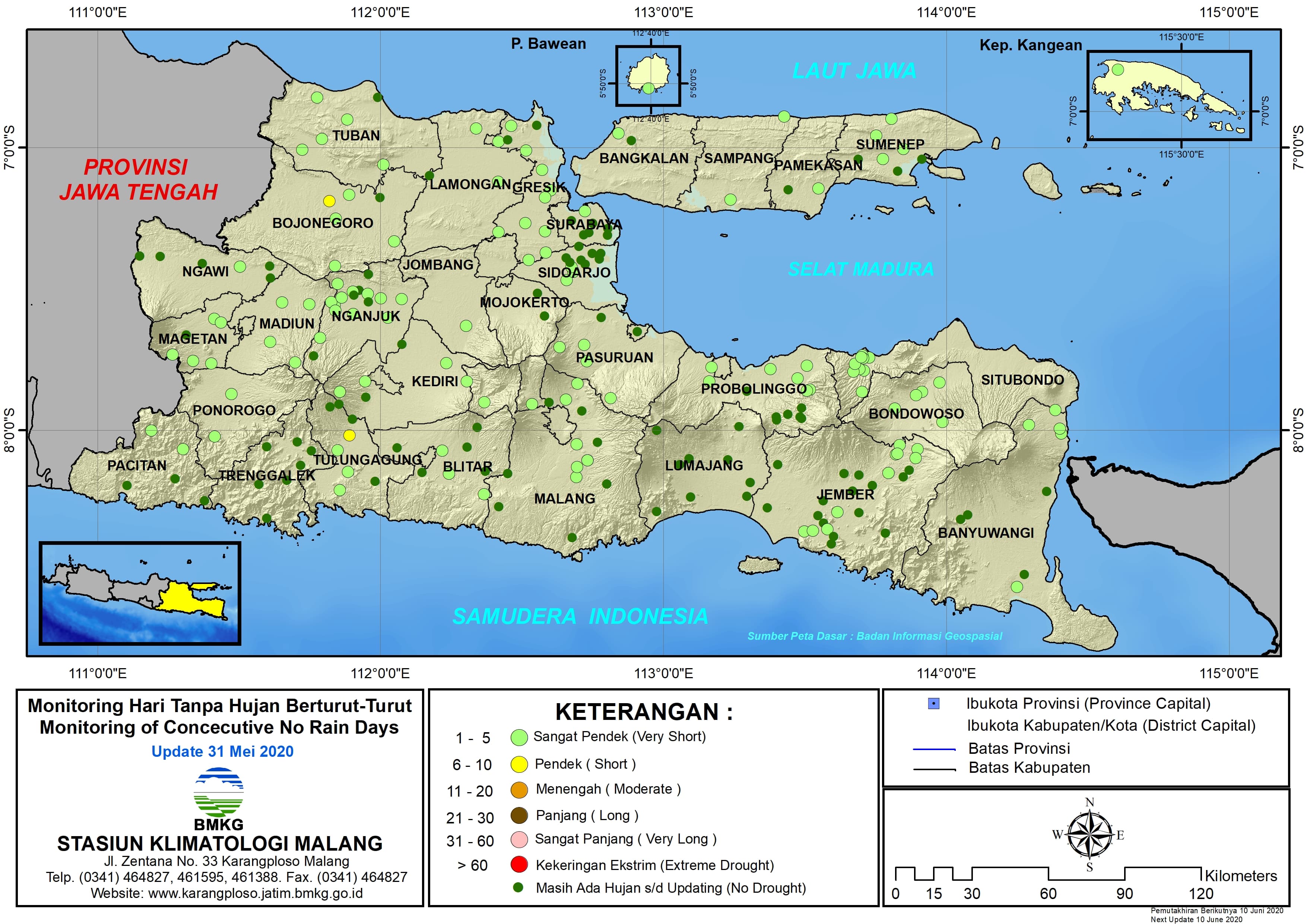 (Analisis - Dasarian) Monitoring Hari Tanpa Hujan Berturut-Turut Update 31 Mei 2020 di Provinsi Jawa Timur