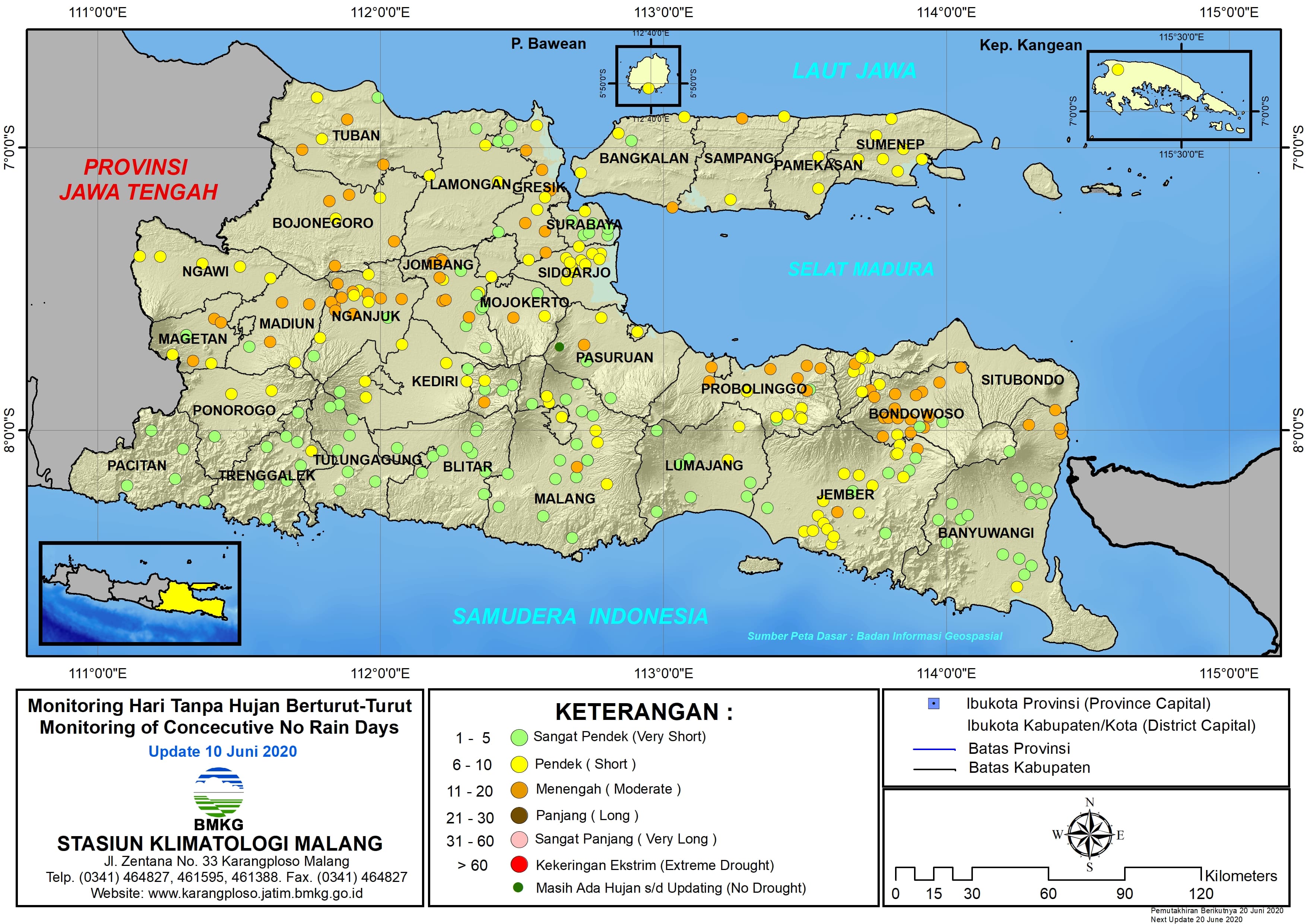 (Analisis - Dasarian) Monitoring Hari Tanpa Hujan Berturut-Turut Update 10 Juni 2020 di Provinsi Jawa Timur