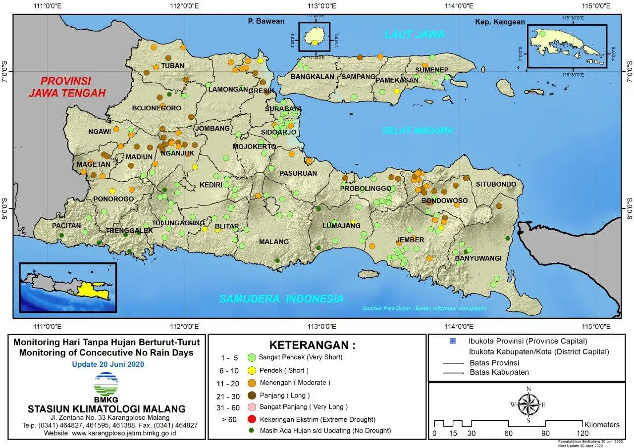 (Analisis - Dasarian) Monitoring Hari Tanpa Hujan Berturut-Turut Update 20 Juni 2020 di Provinsi Jawa Timur