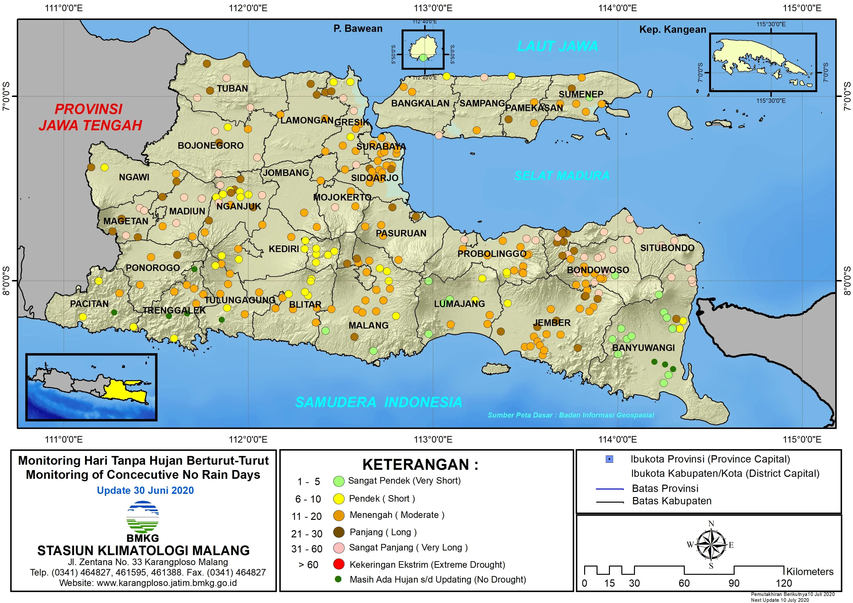 (Analisis - Dasarian) Monitoring Hari Tanpa Hujan Berturut-Turut Update 30 Juni 2020 di Provinsi Jawa Timur