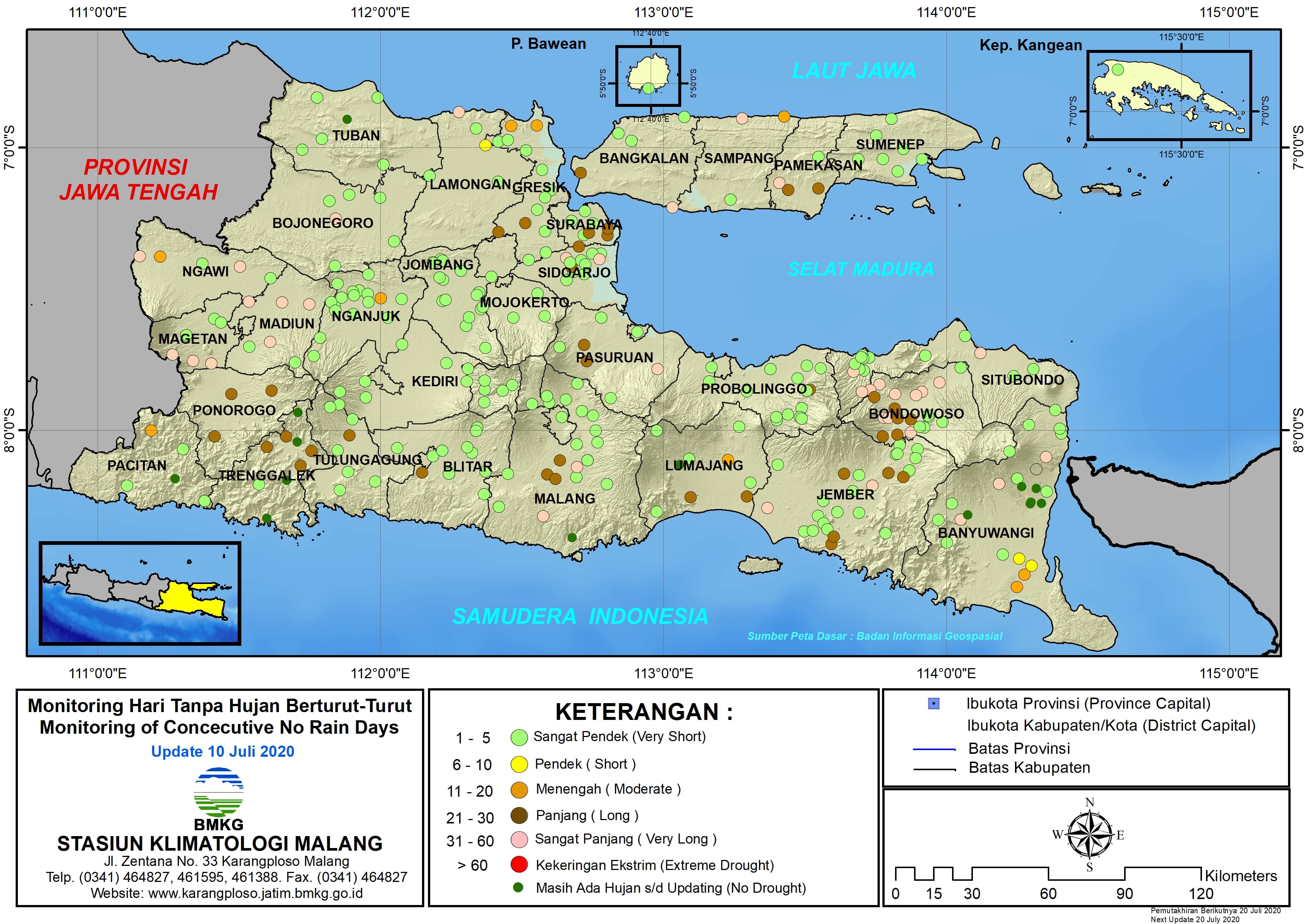 (Analisis - Dasarian) Monitoring Hari Tanpa Hujan Berturut-Turut Update 10 Juli 2020 di Provinsi Jawa Timur