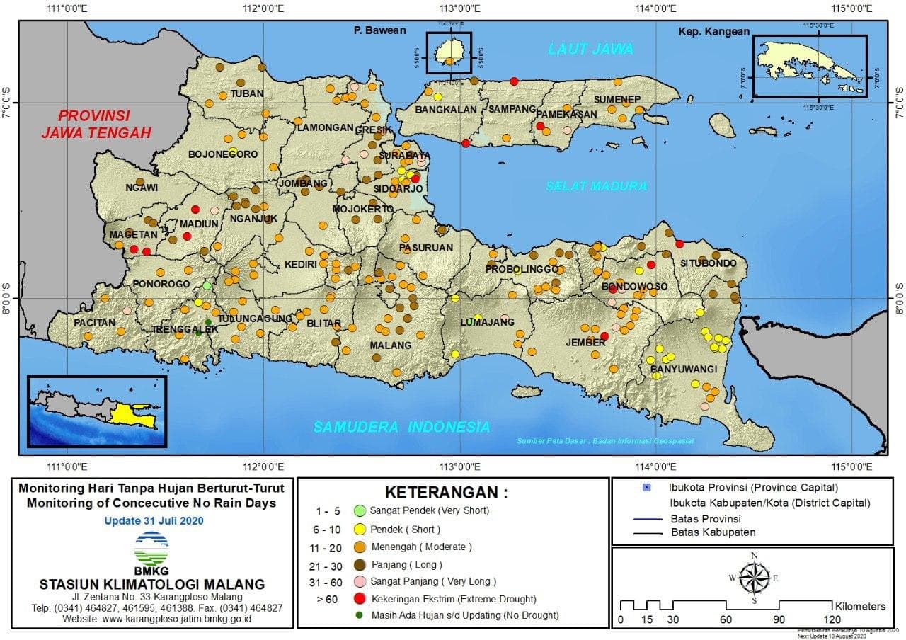 (Analisis - Dasarian) Monitoring Hari Tanpa Hujan Berturut-Turut Update 31 Juli 2020 di Provinsi Jawa Timur