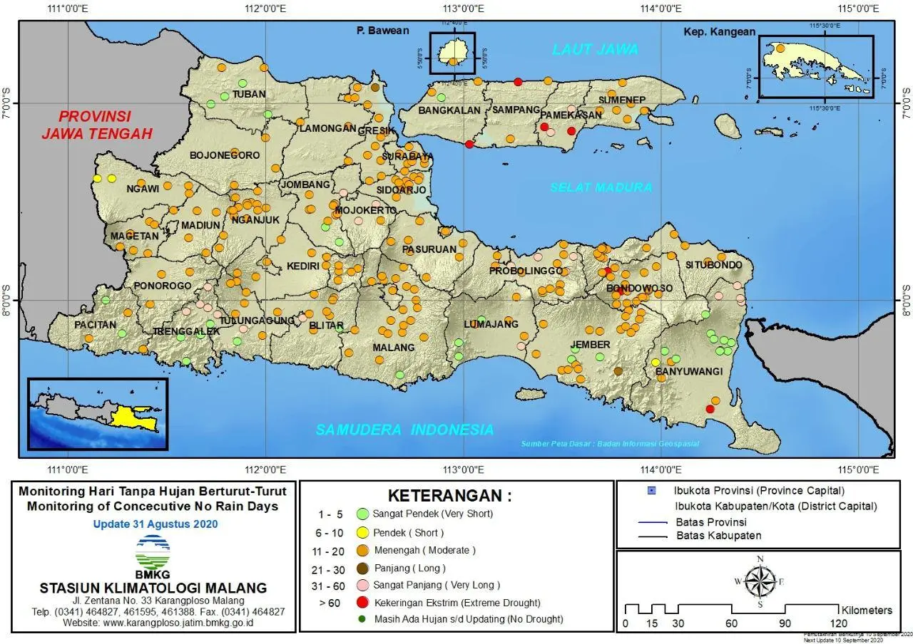 (Analisis - Dasarian) Monitoring Hari Tanpa Hujan Berturut-Turut Update 31 Agustus 2020 di Provinsi Jawa Timur
