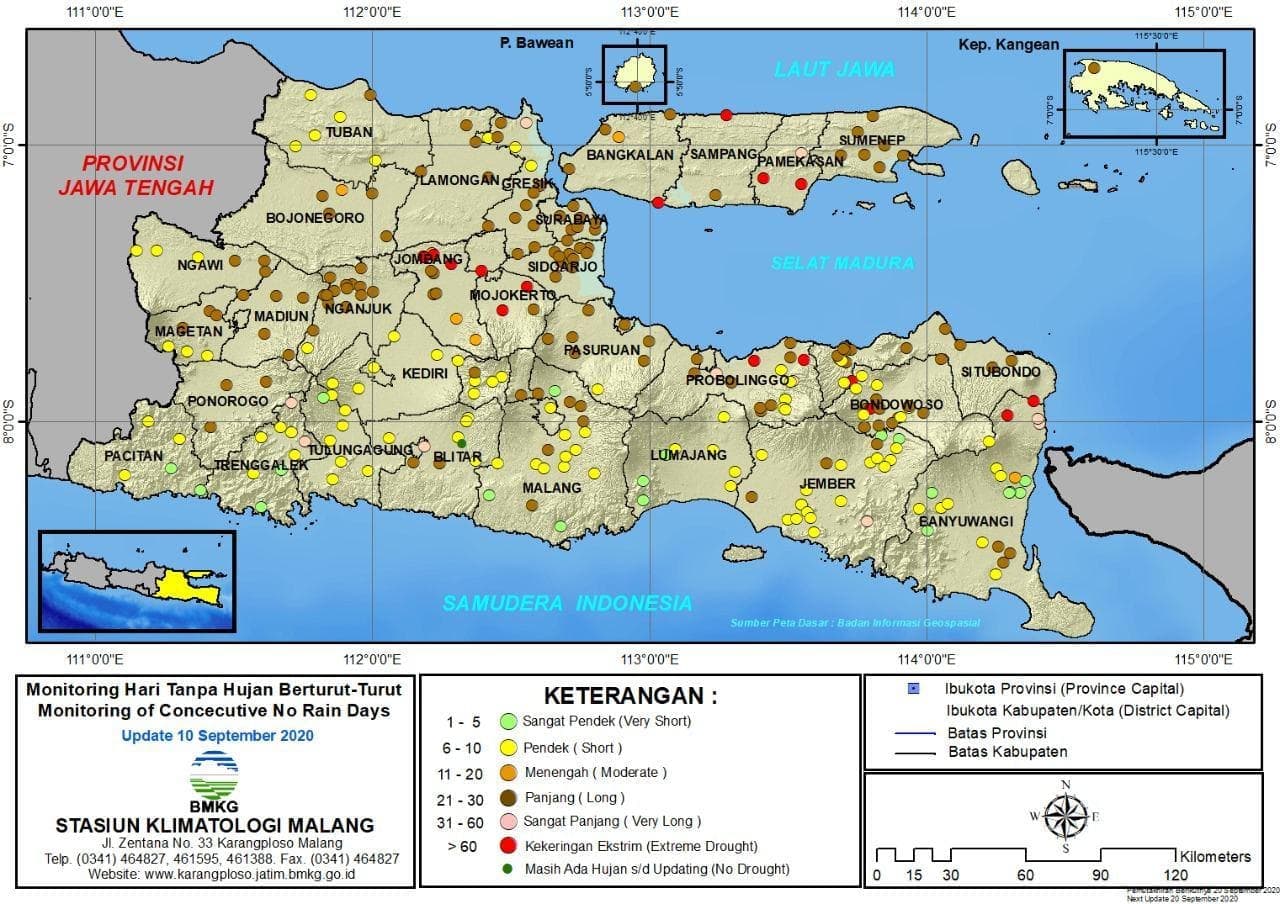 (Analisis - Dasarian) Monitoring Hari Tanpa Hujan Berturut-Turut Update 10 September 2020 di Provinsi Jawa Timur