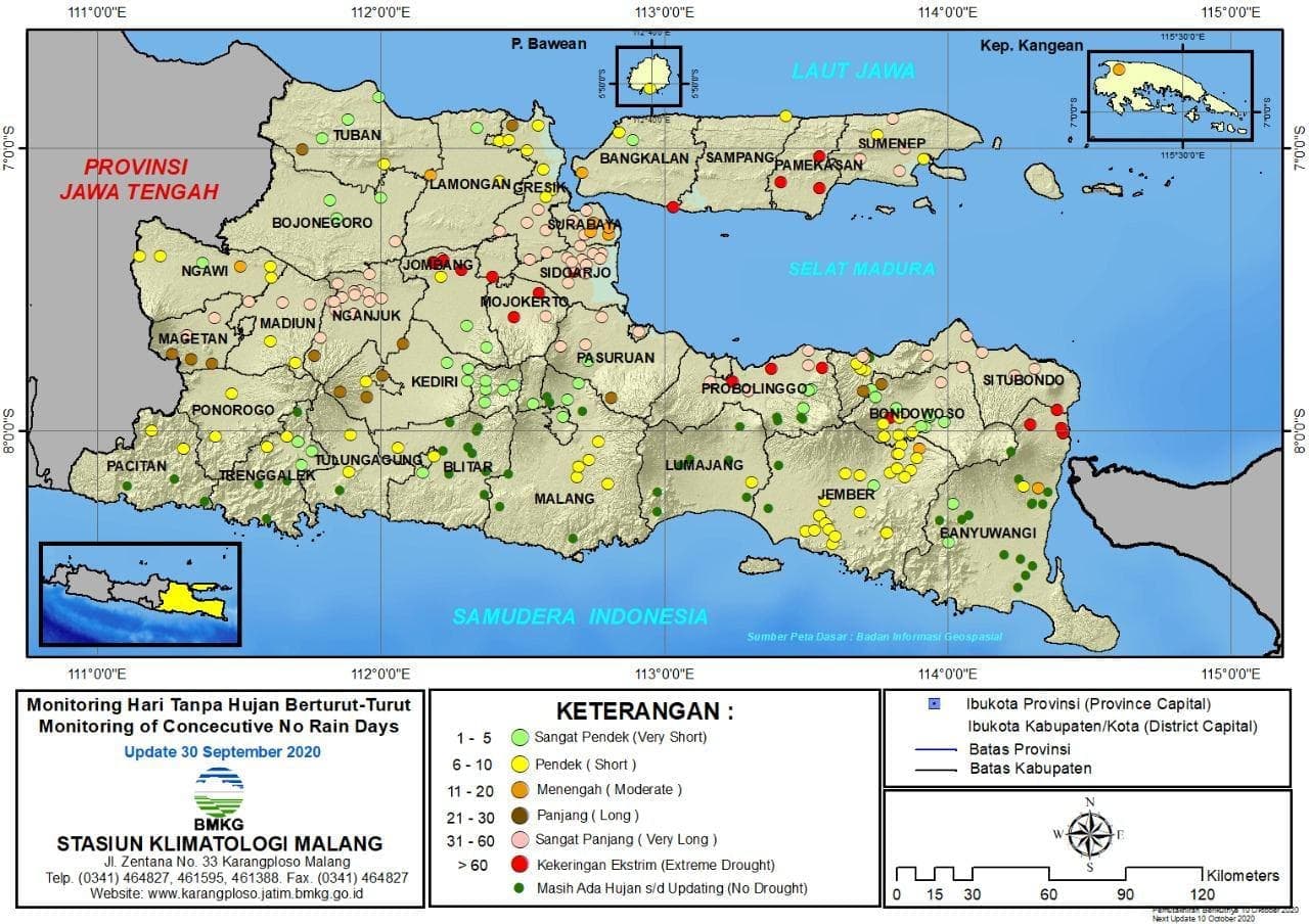 (Analisis - Dasarian) Monitoring Hari Tanpa Hujan Berturut-Turut Update 30 September 2020 di Provinsi Jawa Timur