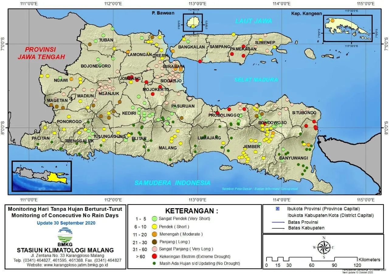 (Analisis - Dasarian) Monitoring Hari Tanpa Hujan Berturut-Turut Update 30 September 2020 di Provinsi Jawa Timur