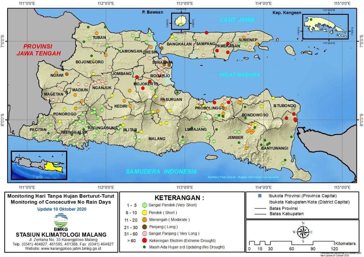 (Analisis - Dasarian) Monitoring Hari Tanpa Hujan Berturut-Turut Update 10 Oktober 2020 di Provinsi Jawa Timur