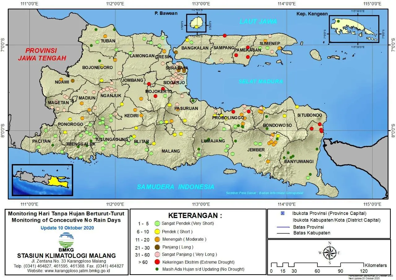 (Analisis - Dasarian) Monitoring Hari Tanpa Hujan Berturut-Turut Update 10 Oktober 2020 di Provinsi Jawa Timur