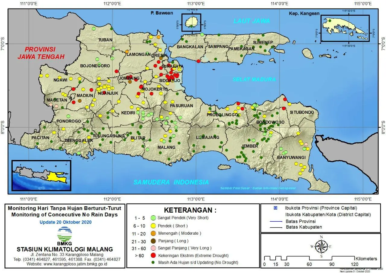 (Analisis - Dasarian) Monitoring Hari Tanpa Hujan Berturut-Turut Update 20 Oktober 2020 di Provinsi Jawa Timur