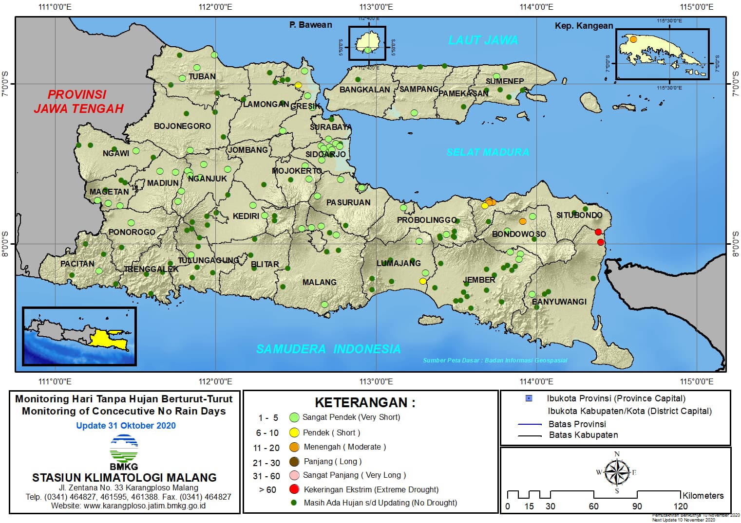 (Analisis - Dasarian) Monitoring Hari Tanpa Hujan Berturut-Turut Update 31 Oktober 2020 di Provinsi Jawa Timur