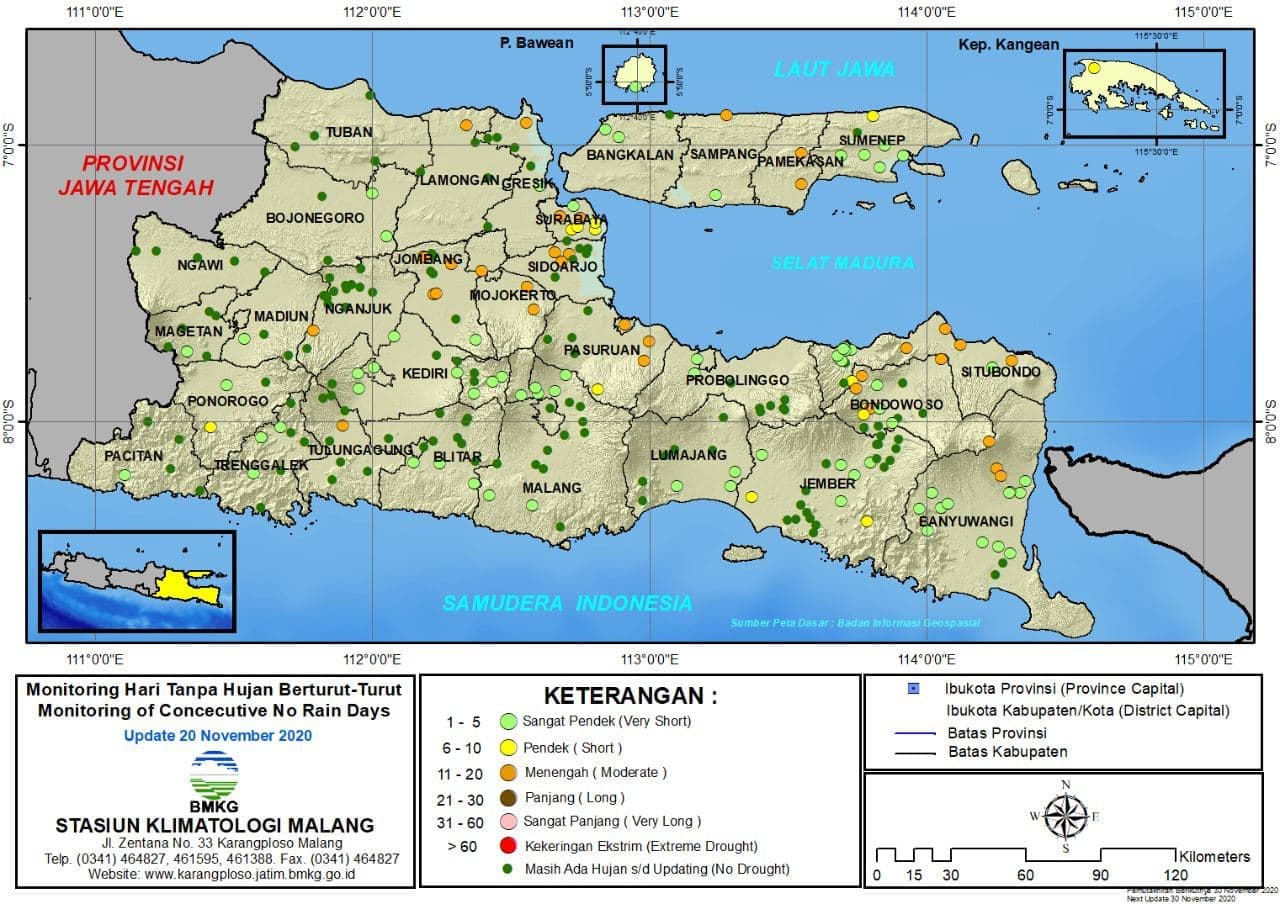 (Analisis - Dasarian) Monitoring Hari Tanpa Hujan Berturut-Turut Update 20 November 2020 di Provinsi Jawa Timur