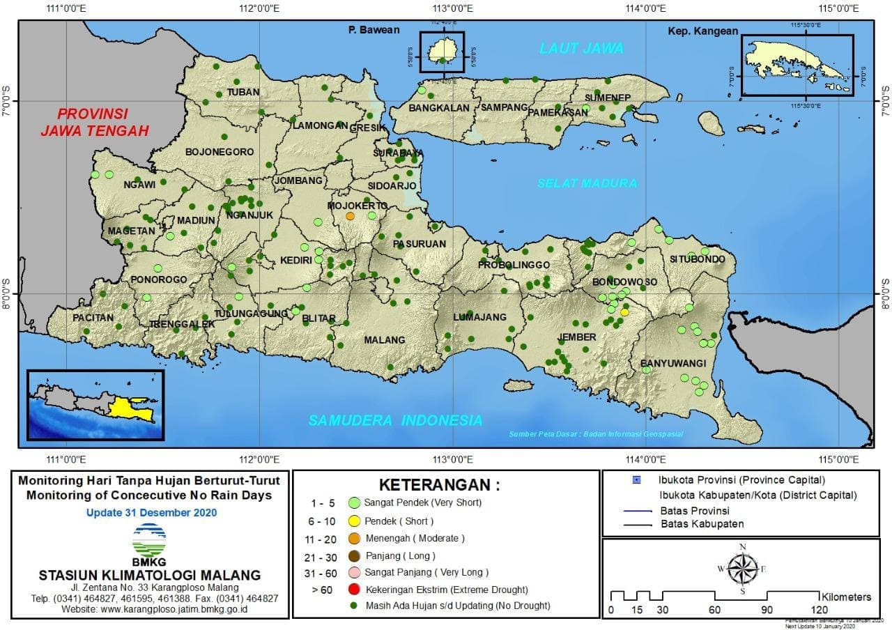 (Analisis - Dasarian) Monitoring Hari Tanpa Hujan Berturut-Turut Update 31 Desember 2020 di Provinsi Jawa Timur