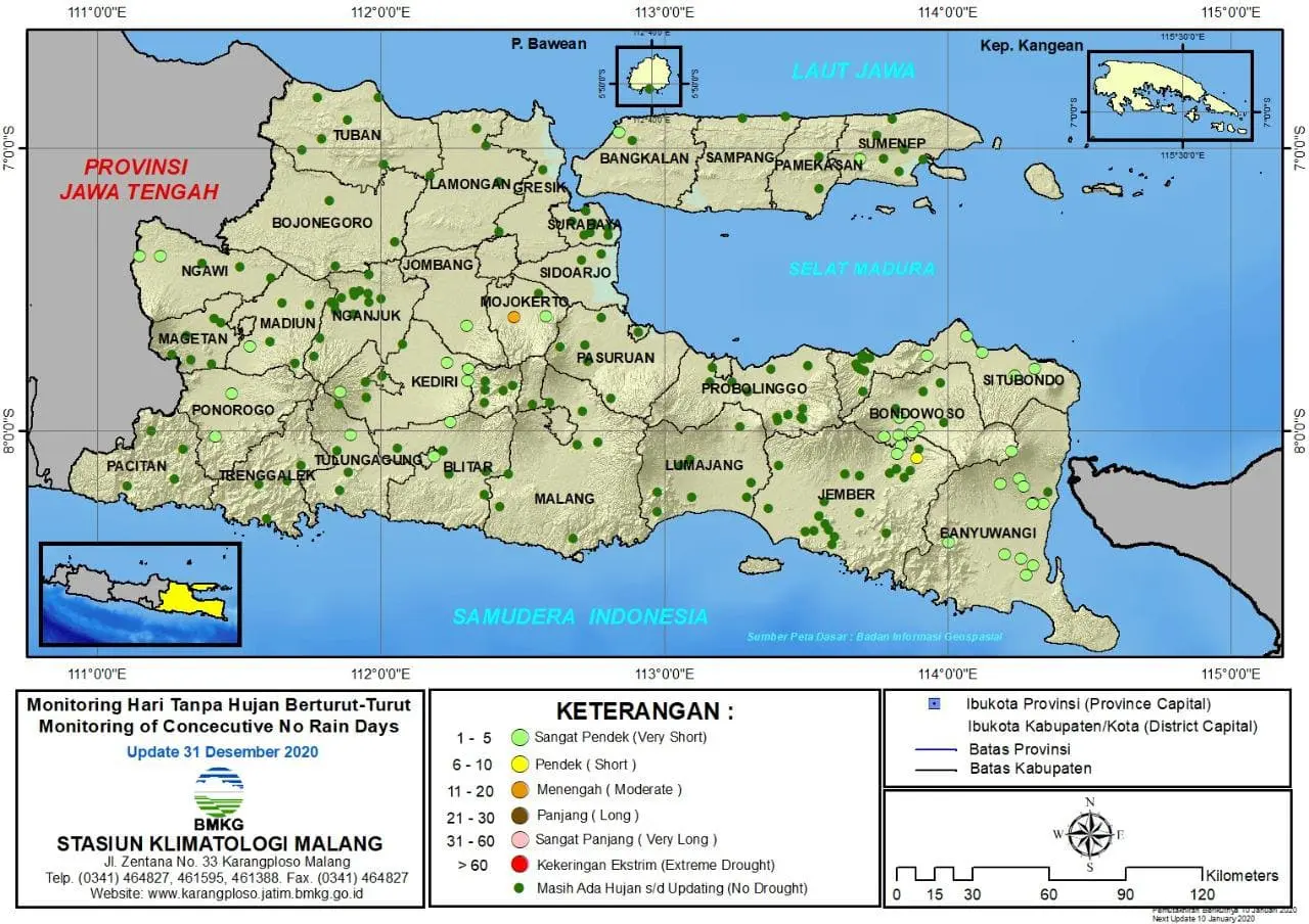 (Analisis - Dasarian) Monitoring Hari Tanpa Hujan Berturut-Turut Update 31 Desember 2020 di Provinsi Jawa Timur