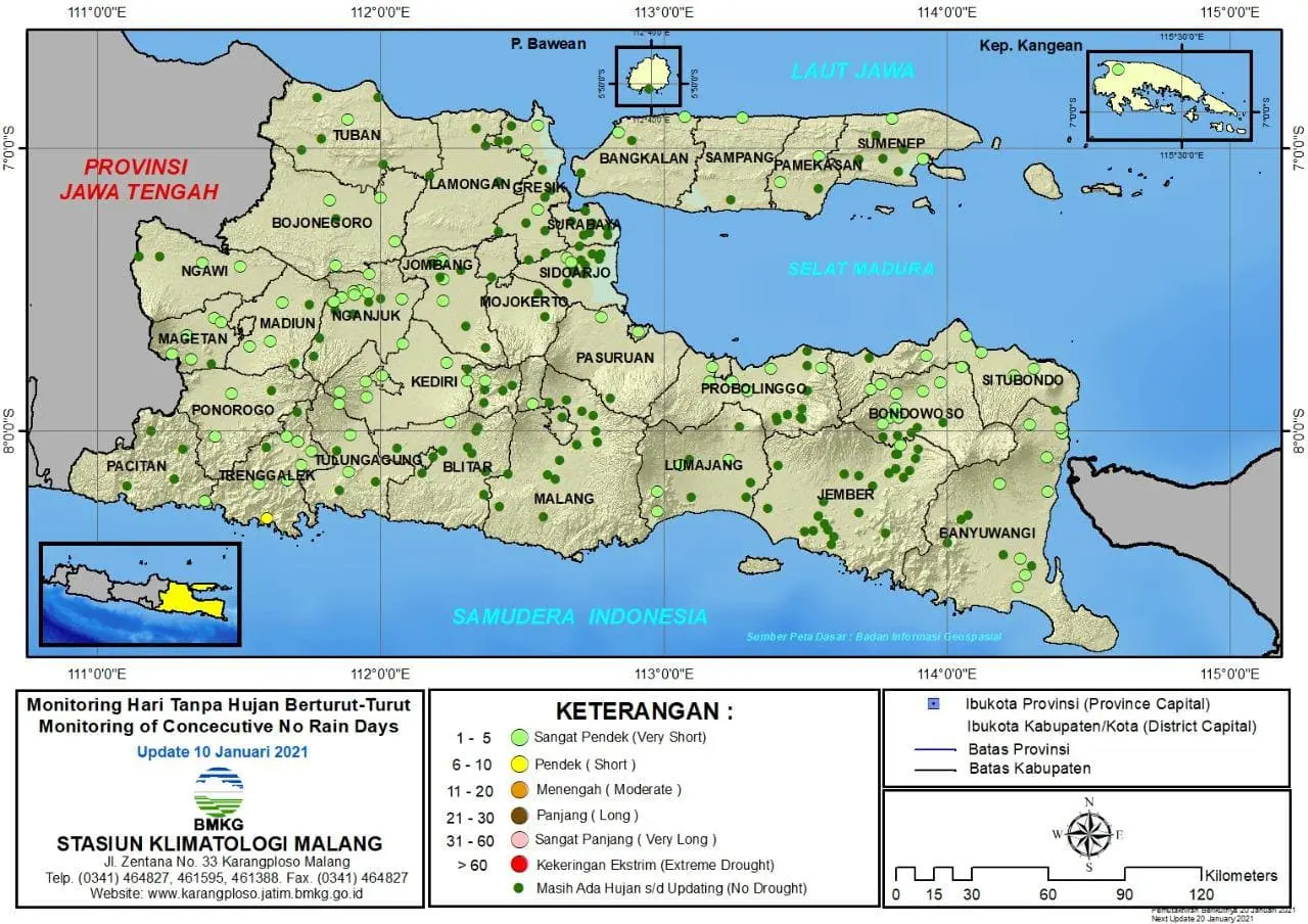 (Analisis - Dasarian) Monitoring Hari Tanpa Hujan Berturut-Turut Update 10 Januari 2021 di Provinsi Jawa Timur