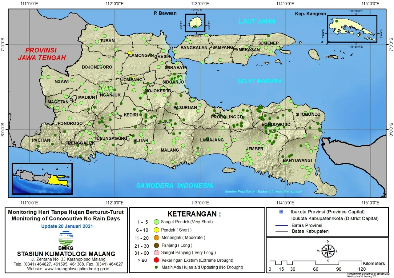 (Analisis - Dasarian) Monitoring Hari Tanpa Hujan Berturut-Turut Update 20 Januari 2021 di Provinsi Jawa Timur