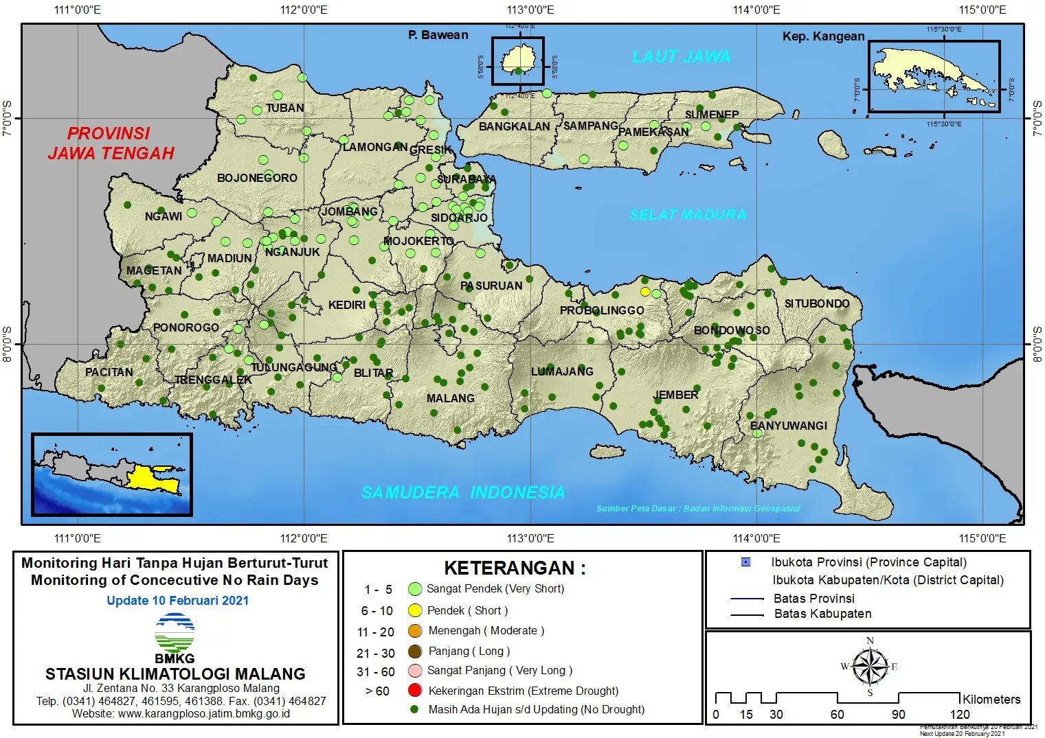 (Analisis - Dasarian) Monitoring Hari Tanpa Hujan Berturut-Turut Update 10 Februari 2021 di Provinsi Jawa Timur