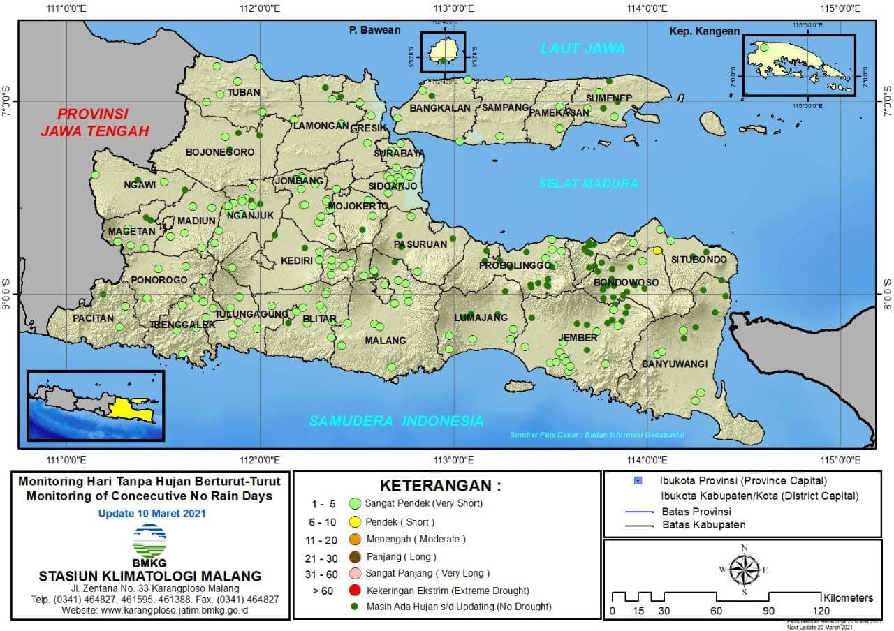(Analisis - Dasarian) Monitoring Hari Tanpa Hujan Berturut-Turut Update 10 Maret 2021 di Provinsi Jawa Timur