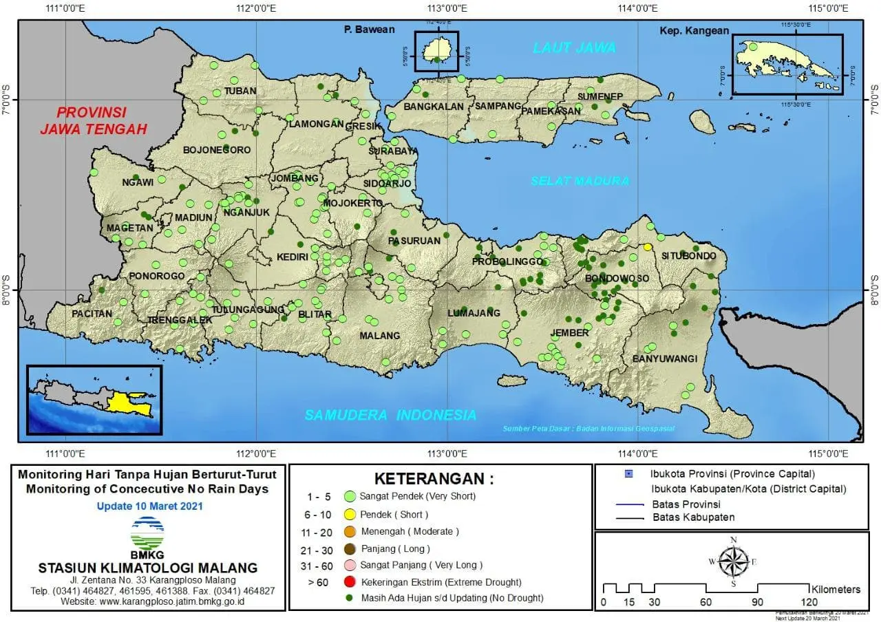 (Analisis - Dasarian) Monitoring Hari Tanpa Hujan Berturut-Turut Update 10 Maret 2021 di Provinsi Jawa Timur