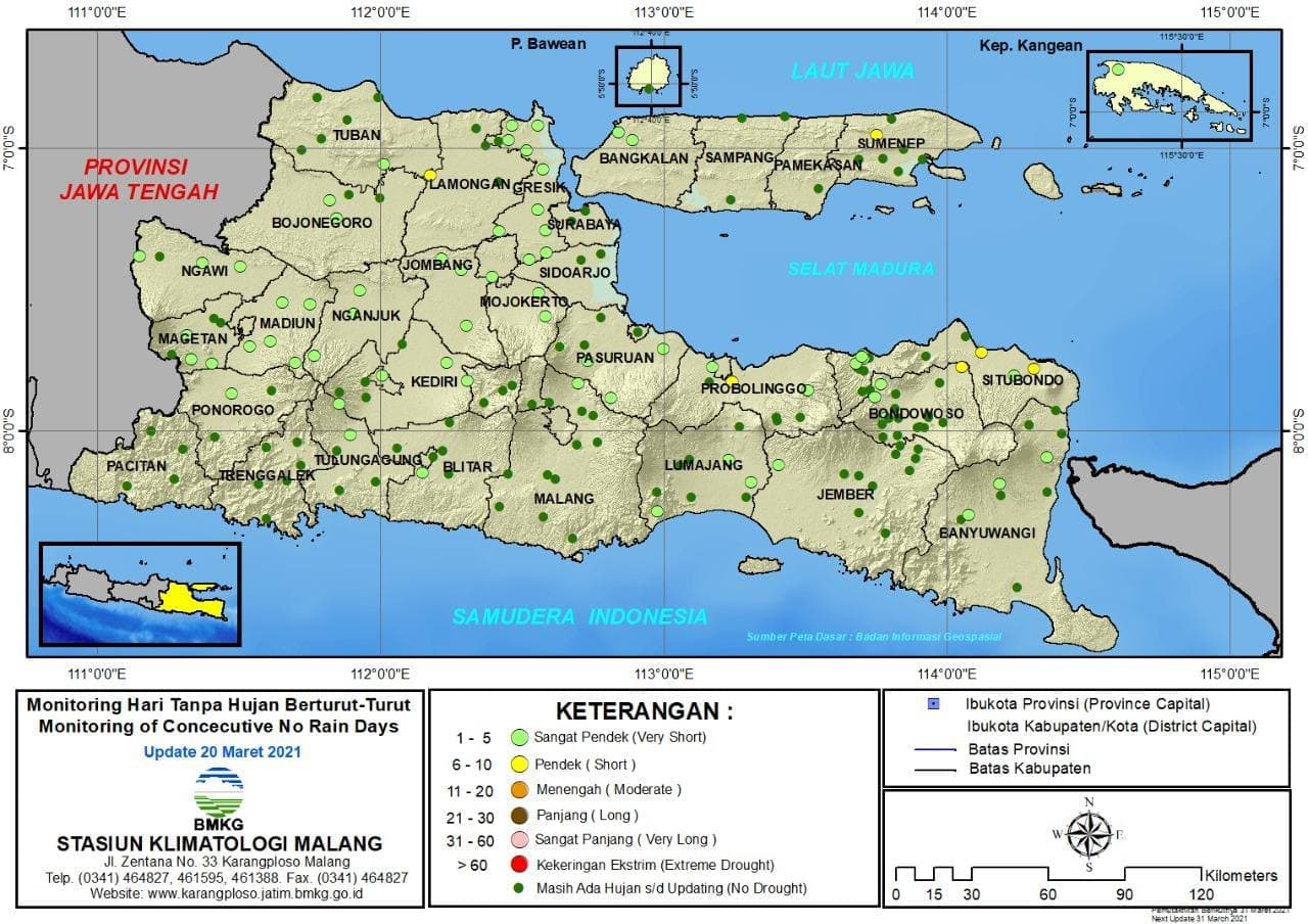 (Analisis - Dasarian) Monitoring Hari Tanpa Hujan Berturut-Turut Update 20 Maret 2021 di Provinsi Jawa Timur