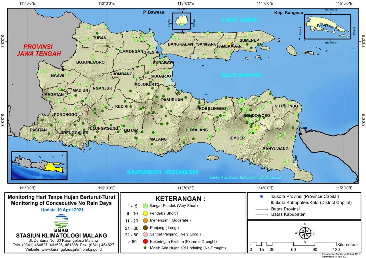 (Analisis - Dasarian) Monitoring Hari Tanpa Hujan Berturut-Turut Update 10 April 2021 di Provinsi Jawa Timur