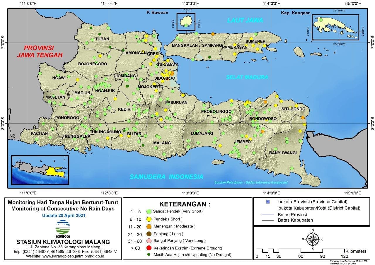 (Analisis - Dasarian) Monitoring Hari Tanpa Hujan Berturut-Turut Update 20 April 2021 di Provinsi Jawa Timur