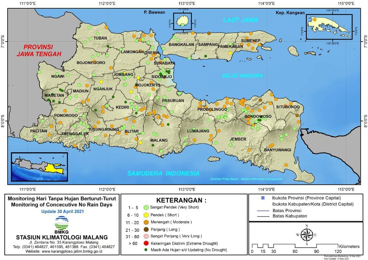 (Analisis - Dasarian) Monitoring Hari Tanpa Hujan Berturut-Turut Update 30 April 2021 di Provinsi Jawa Timur