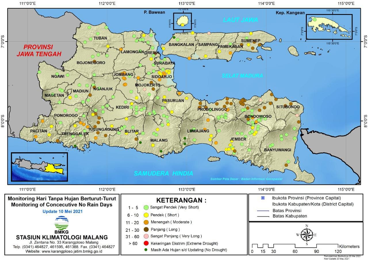 (Analisis - Dasarian) Monitoring Hari Tanpa Hujan Berturut-Turut Update 10 Mei 2021 di Provinsi Jawa Timur