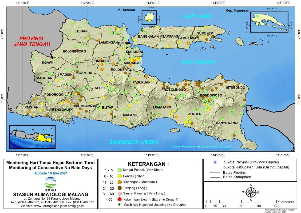 (Analisis - Dasarian) Monitoring Hari Tanpa Hujan Berturut-Turut Update 10 Mei 2021 di Provinsi Jawa Timur