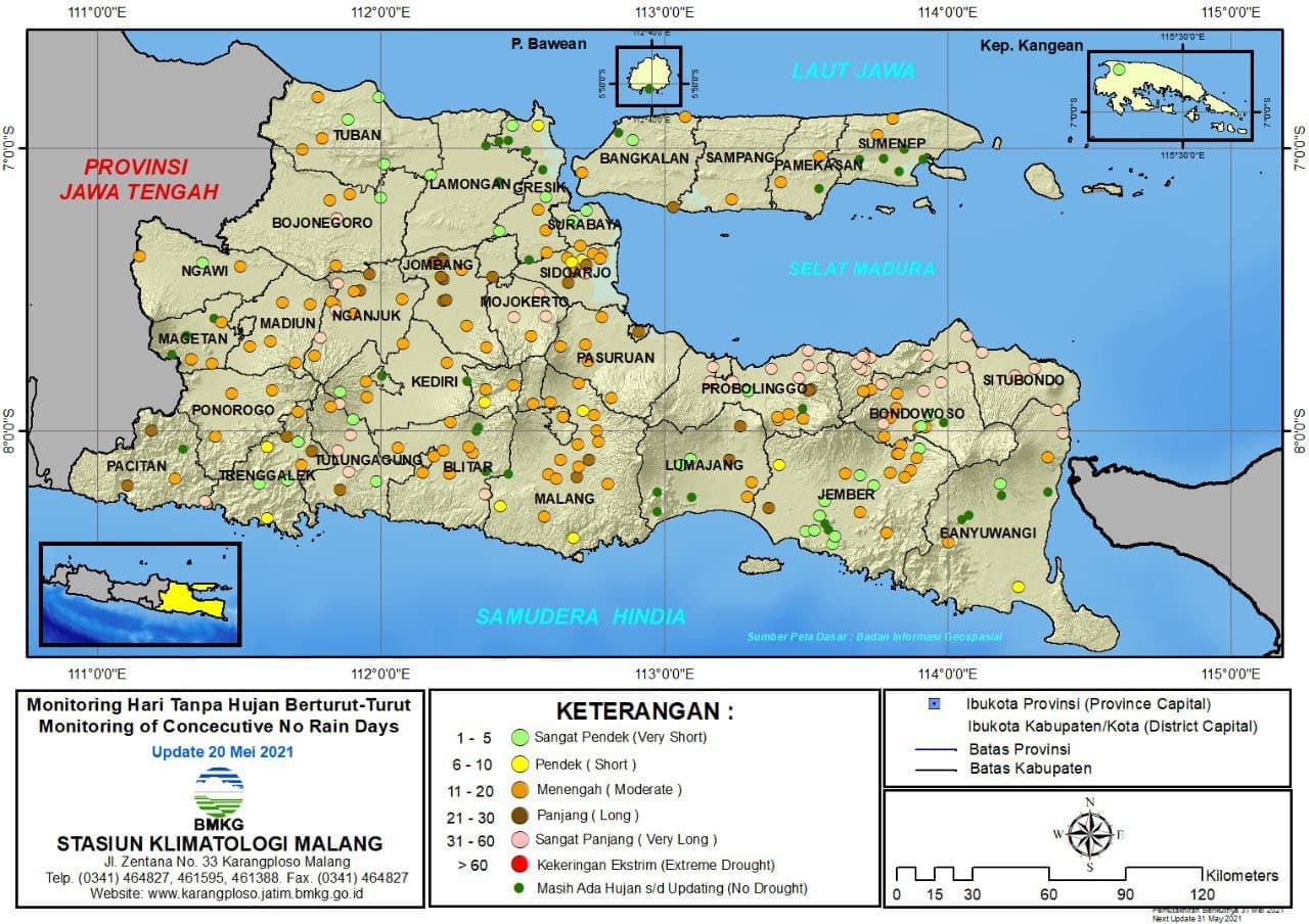 (Analisis - Dasarian) Monitoring Hari Tanpa Hujan Berturut-Turut Update 20 Mei 2021 di Provinsi Jawa Timur