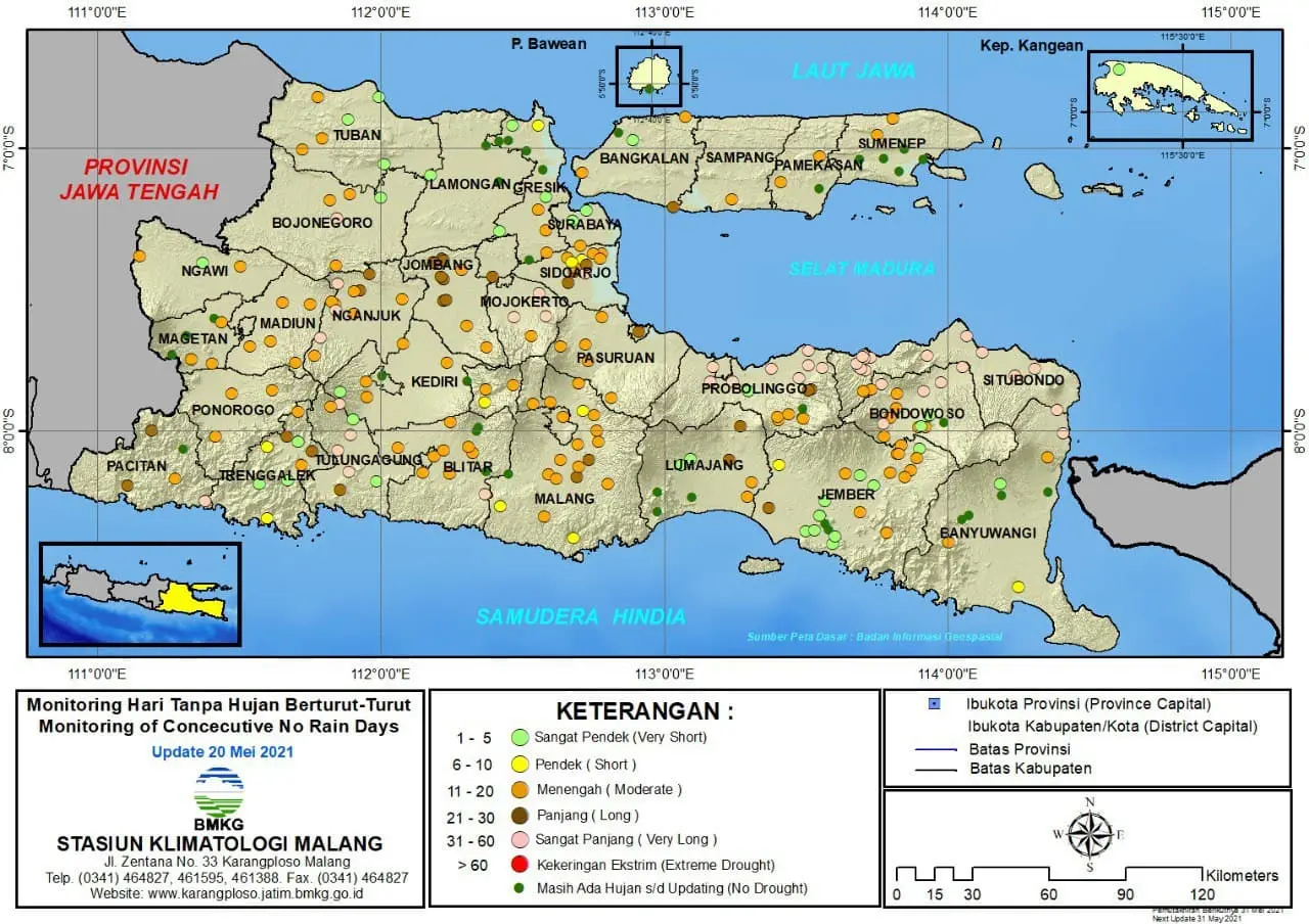 (Analisis - Dasarian) Monitoring Hari Tanpa Hujan Berturut-Turut Update 20 Mei 2021 di Provinsi Jawa Timur