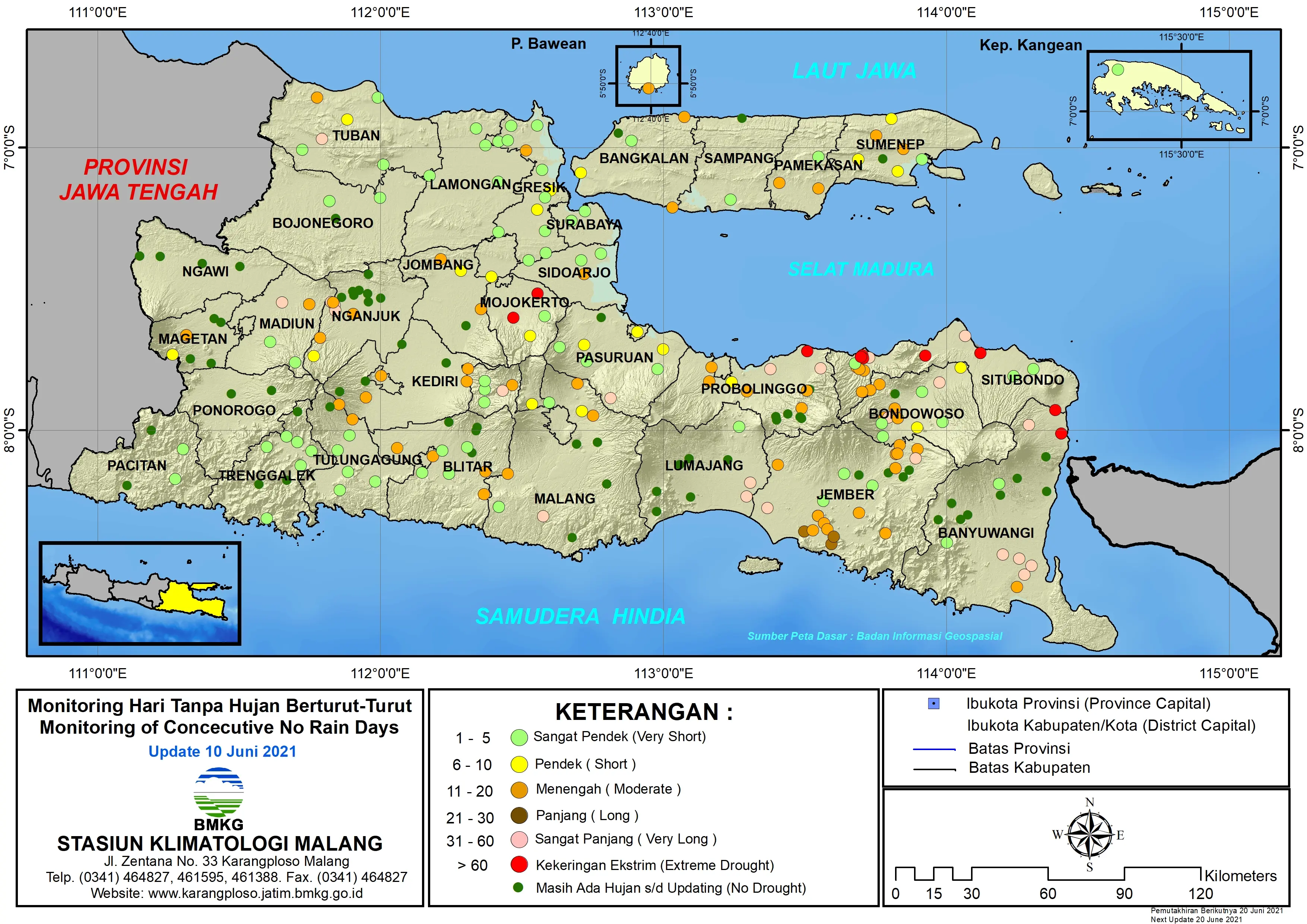(Analisis - Dasarian) Monitoring Hari Tanpa Hujan Berturut-Turut Update 10 Juni 2021 di Provinsi Jawa Timur