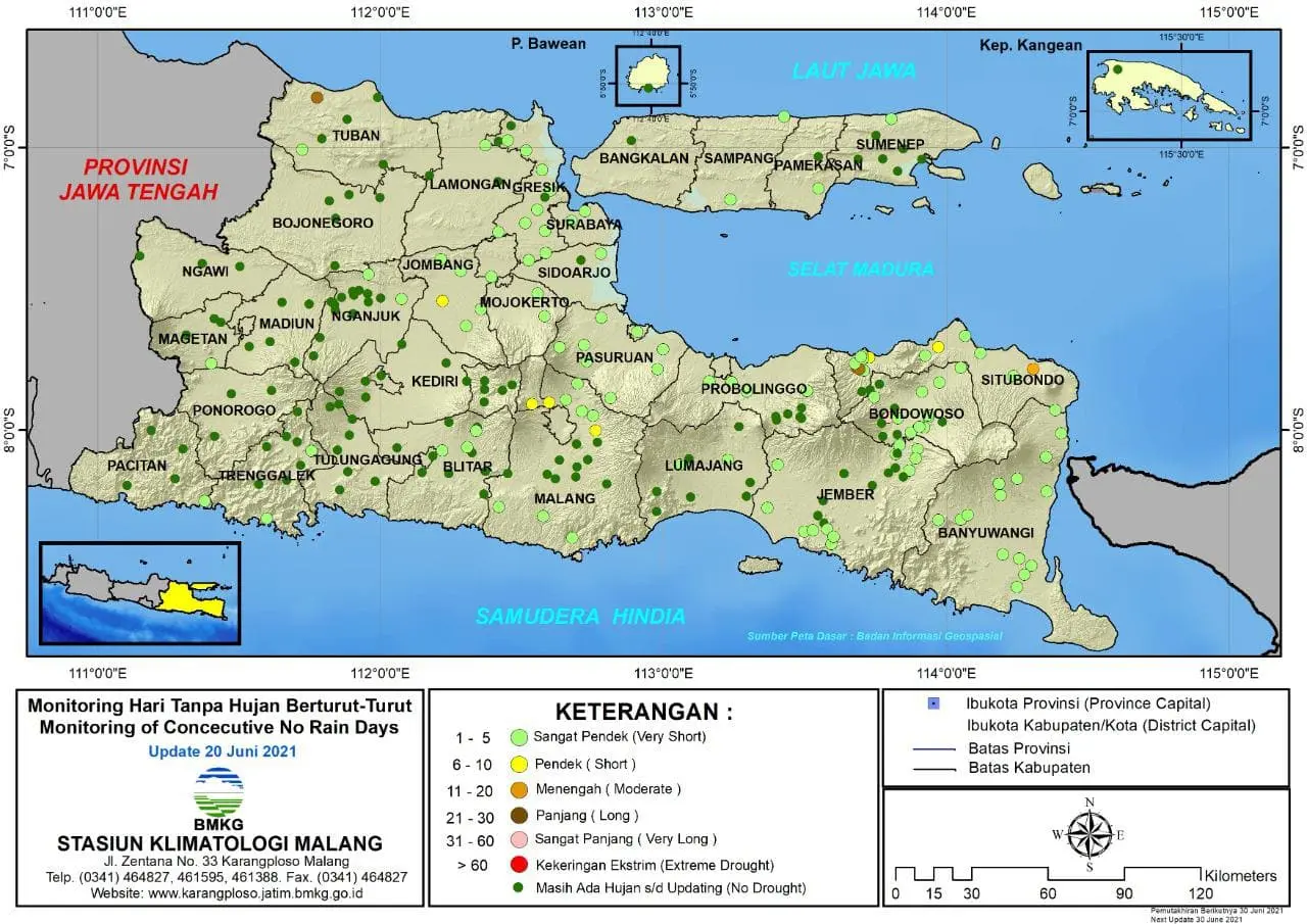 (Analisis - Dasarian) Monitoring Hari Tanpa Hujan Berturut-Turut Update 20 Juni 2021 di Provinsi Jawa Timur