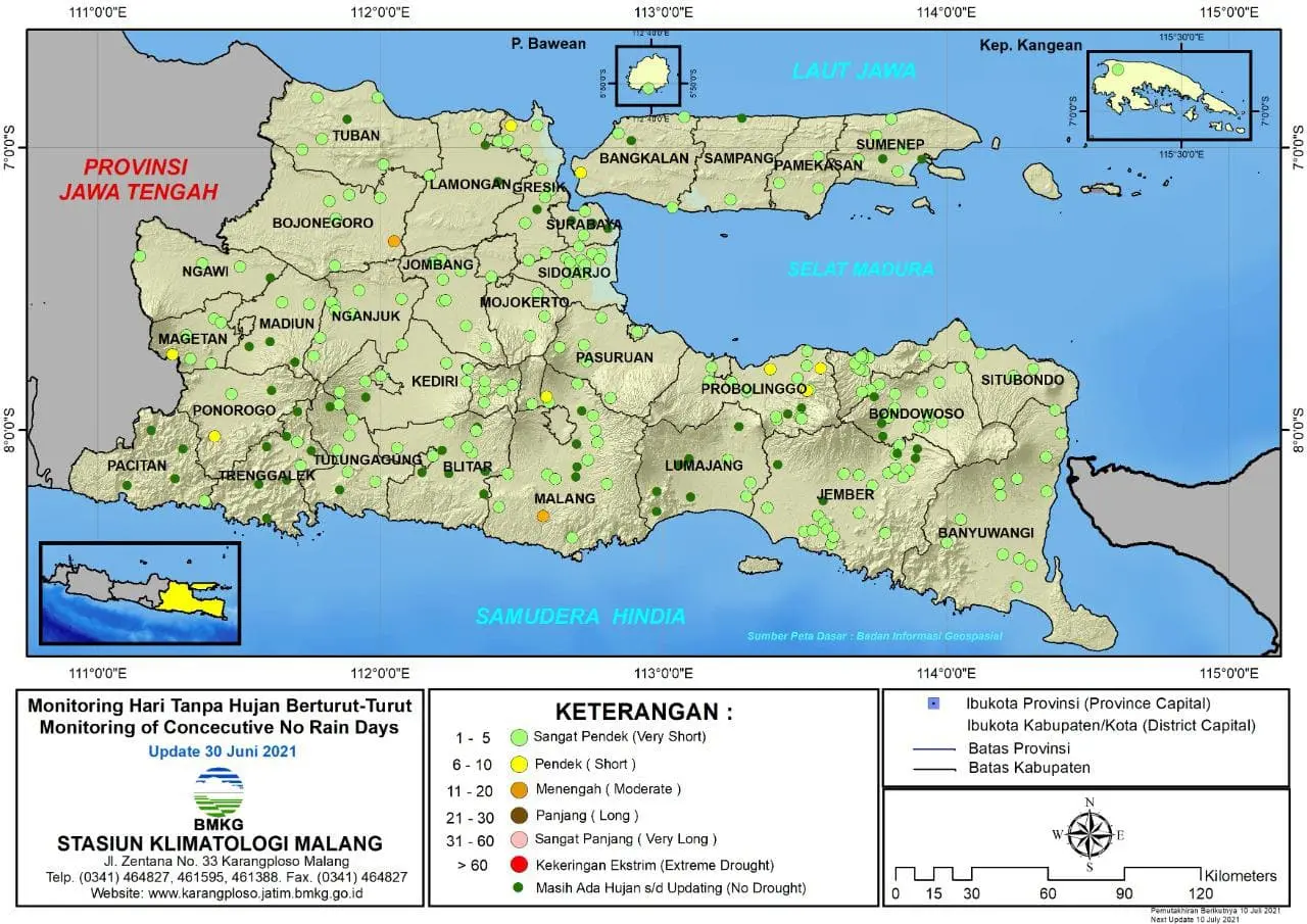 (Analisis - Dasarian) Monitoring Hari Tanpa Hujan Berturut-Turut Update 30 Juni 2021 di Provinsi Jawa Timur