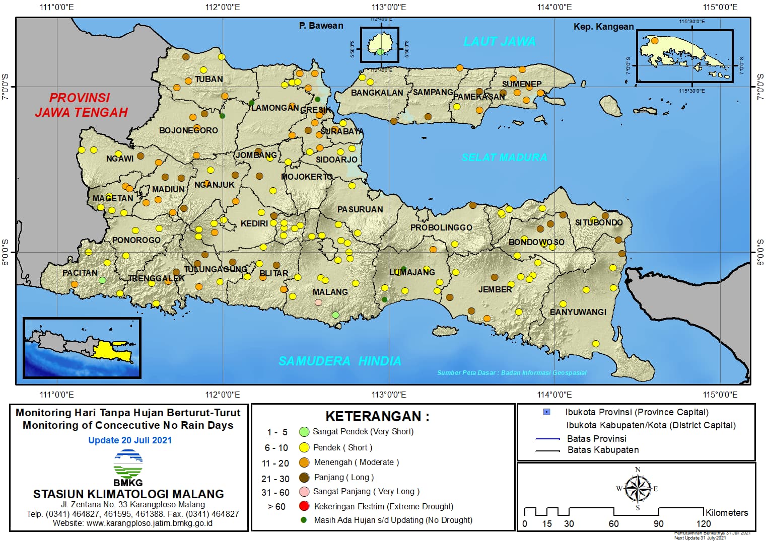 (Analisis - Dasarian) Monitoring Hari Tanpa Hujan Berturut-Turut Update 20 Juli 2021 di Provinsi Jawa Timur