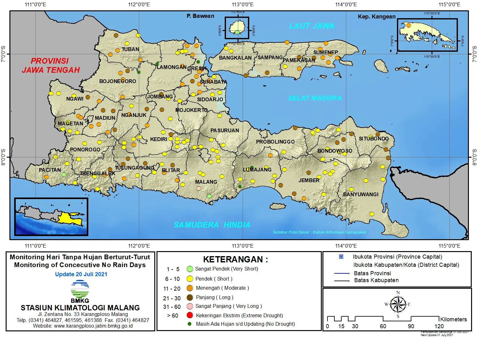 (Analisis - Dasarian) Monitoring Hari Tanpa Hujan Berturut-Turut Update 20 Juli 2021 di Provinsi Jawa Timur