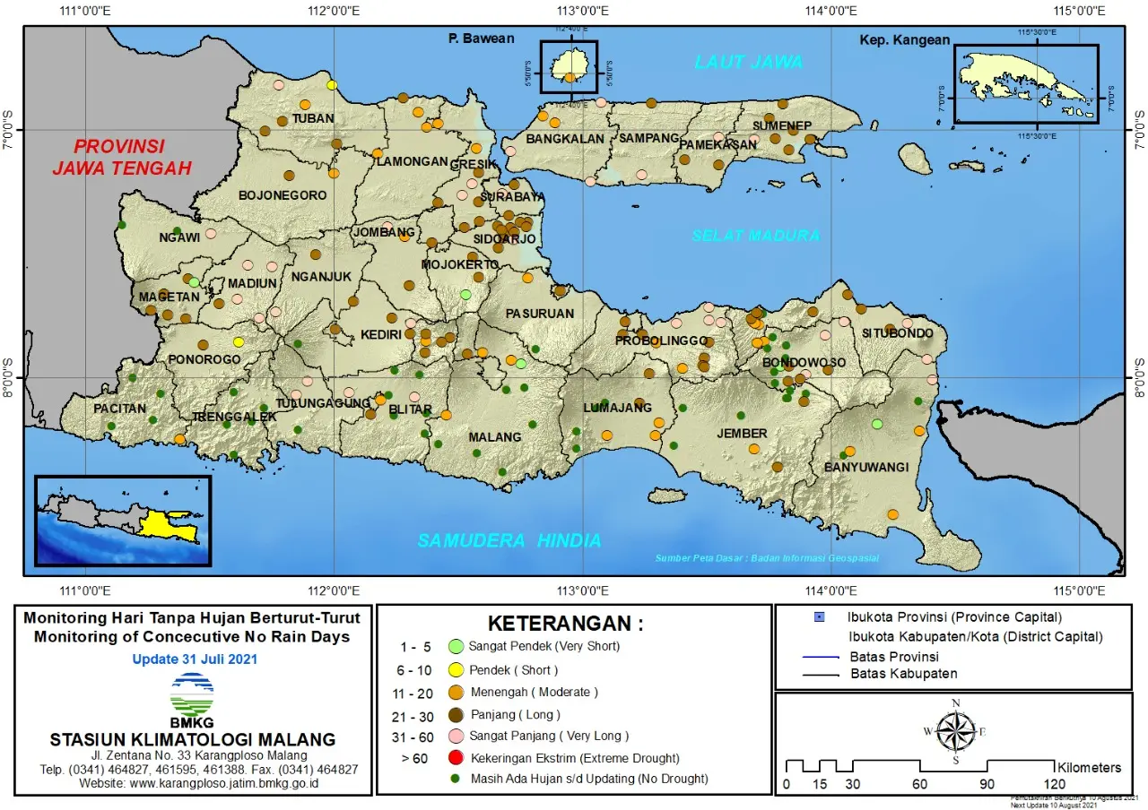 (Analisis - Dasarian) Monitoring Hari Tanpa Hujan Berturut-Turut Update 31 Juli 2021 di Provinsi Jawa Timur