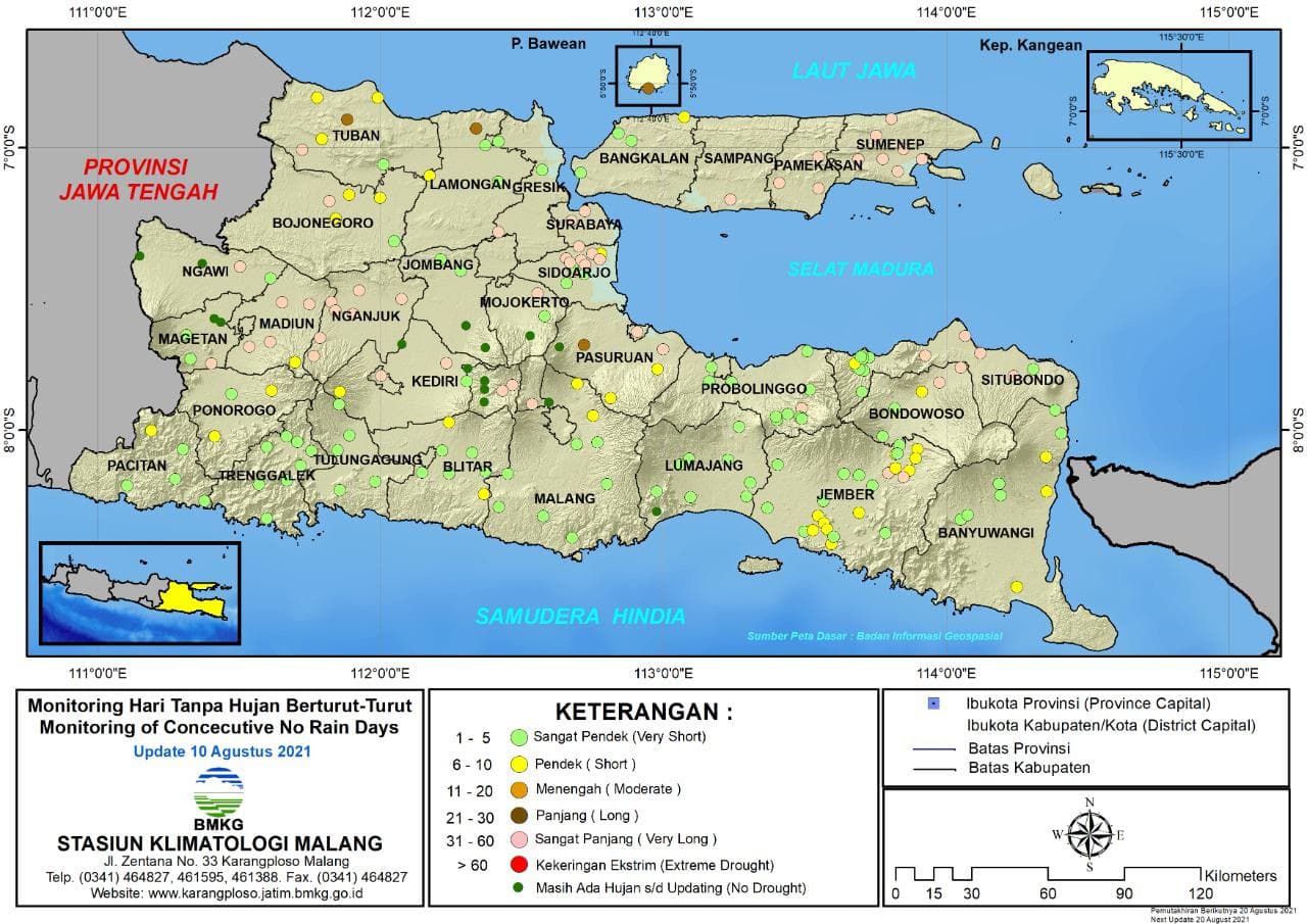 (Analisis - Dasarian) Monitoring Hari Tanpa Hujan Berturut-Turut Update 10 Agustus 2021 di Provinsi Jawa Timur