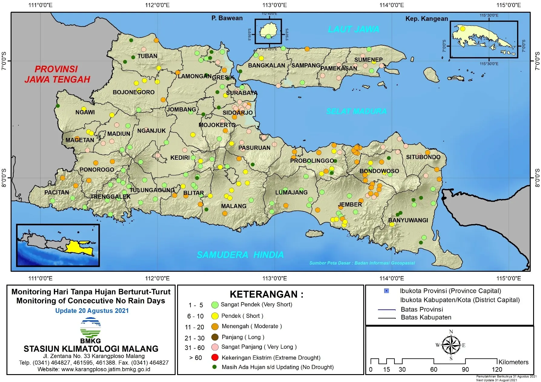 (Analisis - Dasarian) Monitoring Hari Tanpa Hujan Berturut-Turut Update 20 Agustus 2021 di Provinsi Jawa Timur