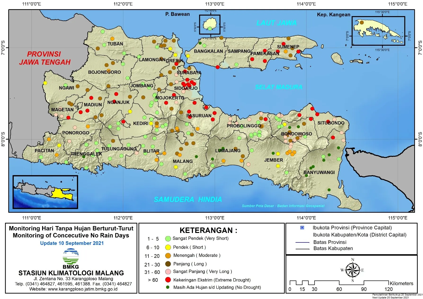 (Analisis - Dasarian) Monitoring Hari Tanpa Hujan Berturut-Turut Update 10 September di Provinsi Jawa Timur