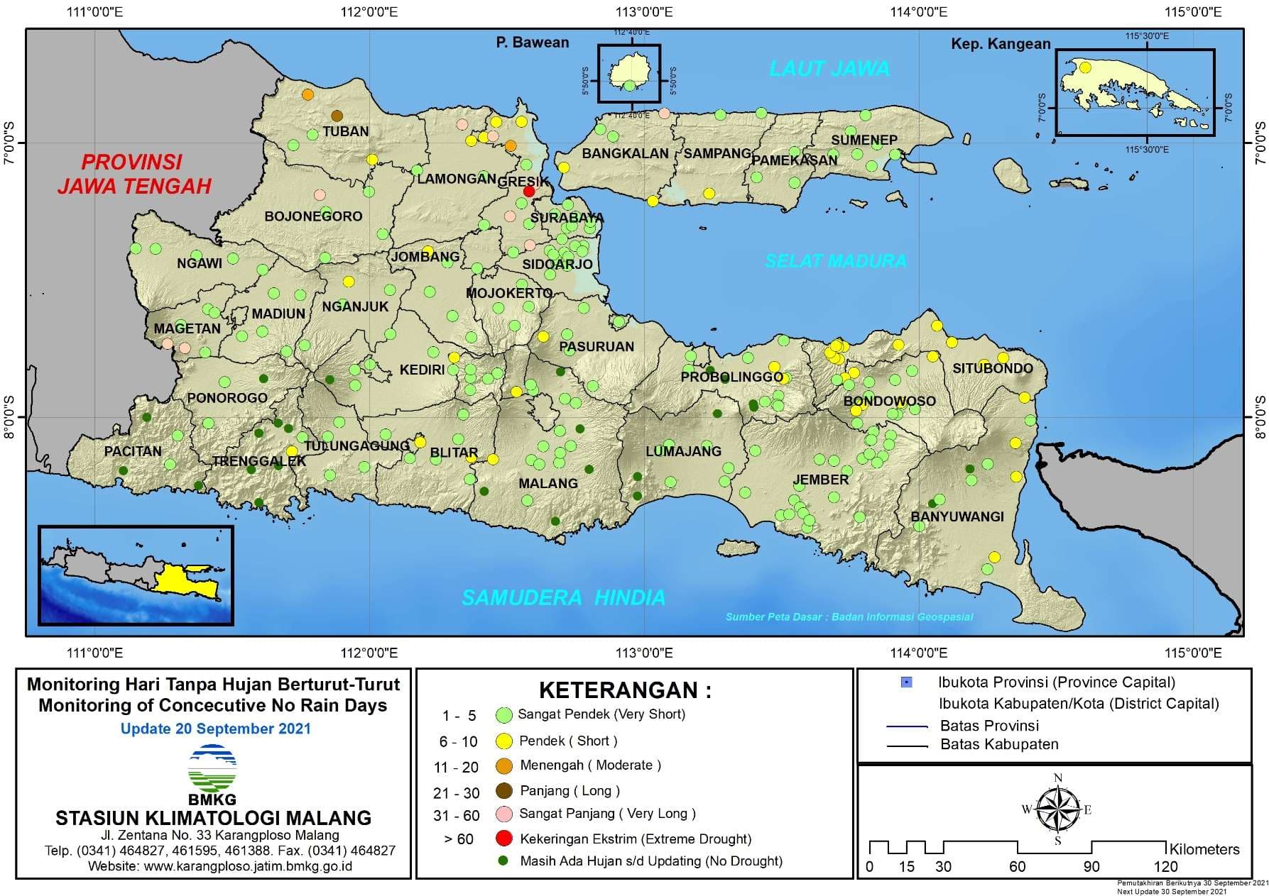 (Analisis - Dasarian) Monitoring Hari Tanpa Hujan Berturut-Turut Update 20 September di Provinsi Jawa Timur