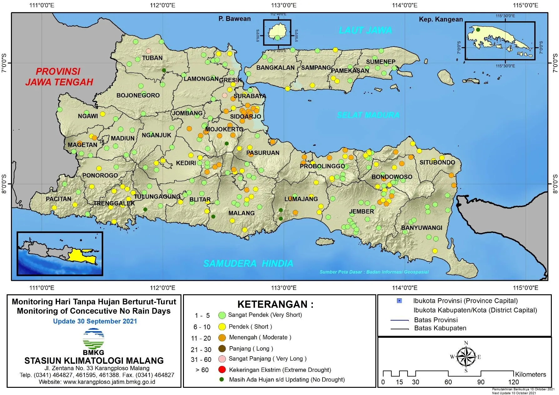 ( Analisis - Dasarian ) Monitoring Hari Tanpa Hujan Berturut-Turut Update 30 September di Provinsi Jawa Timur