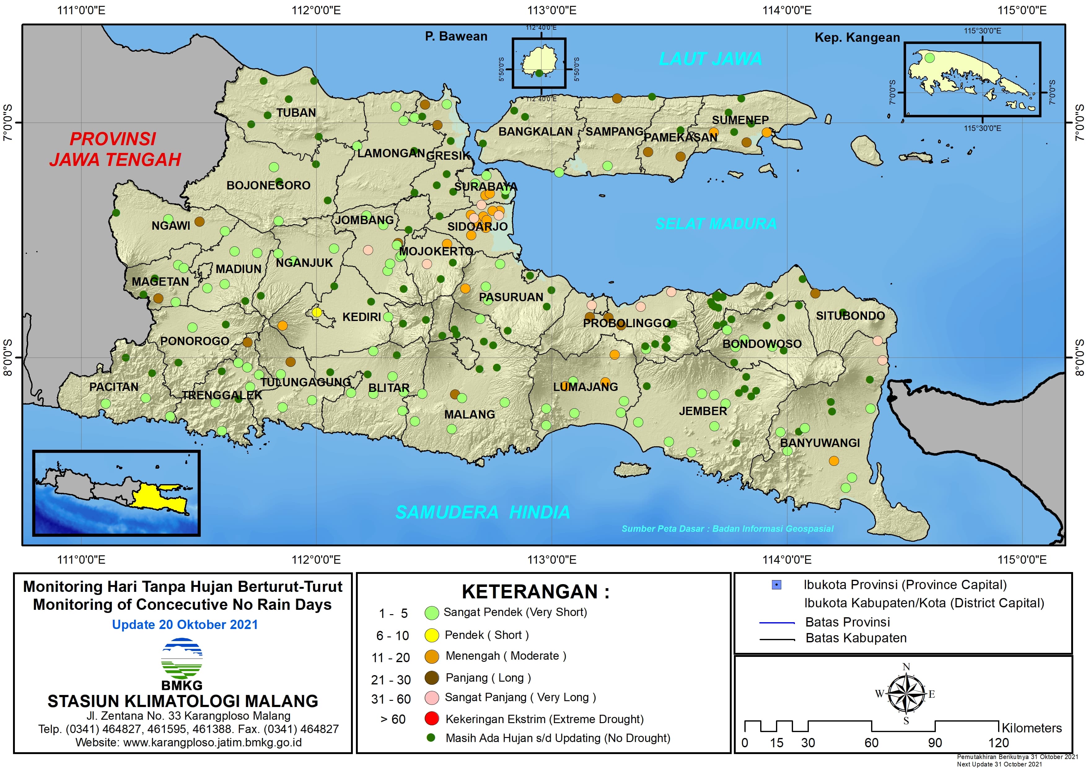( Analisis - Dasarian ) Monitoring Hari Tanpa Hujan Berturut-Turut Update 20 Oktober di Provinsi Jawa Timur