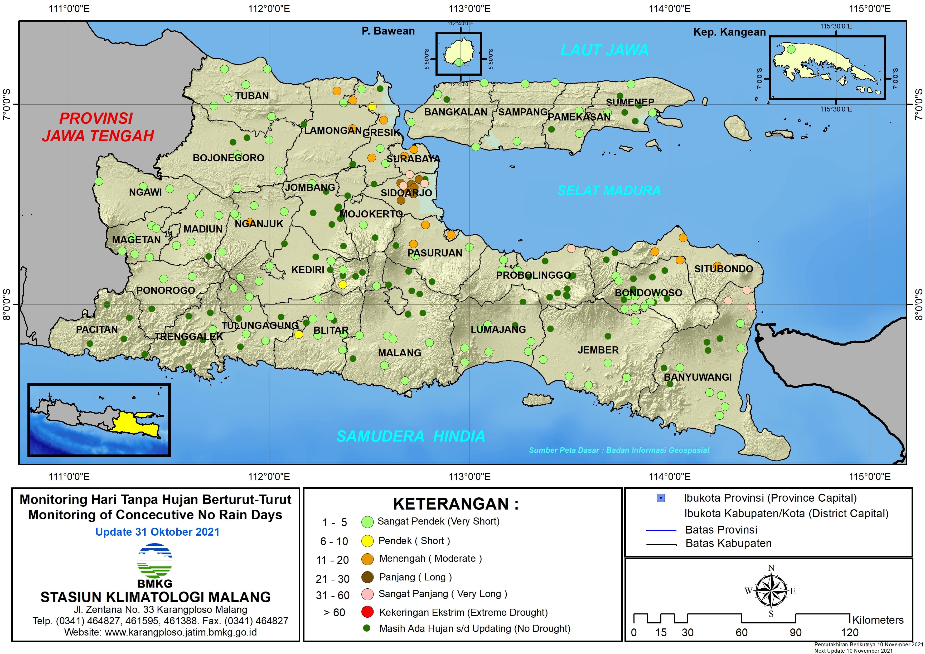 ( Analisis - Dasarian ) Monitoring Hari Tanpa Hujan Berturut-Turut Update 31 Oktober 2021 di Provinsi Jawa Timur